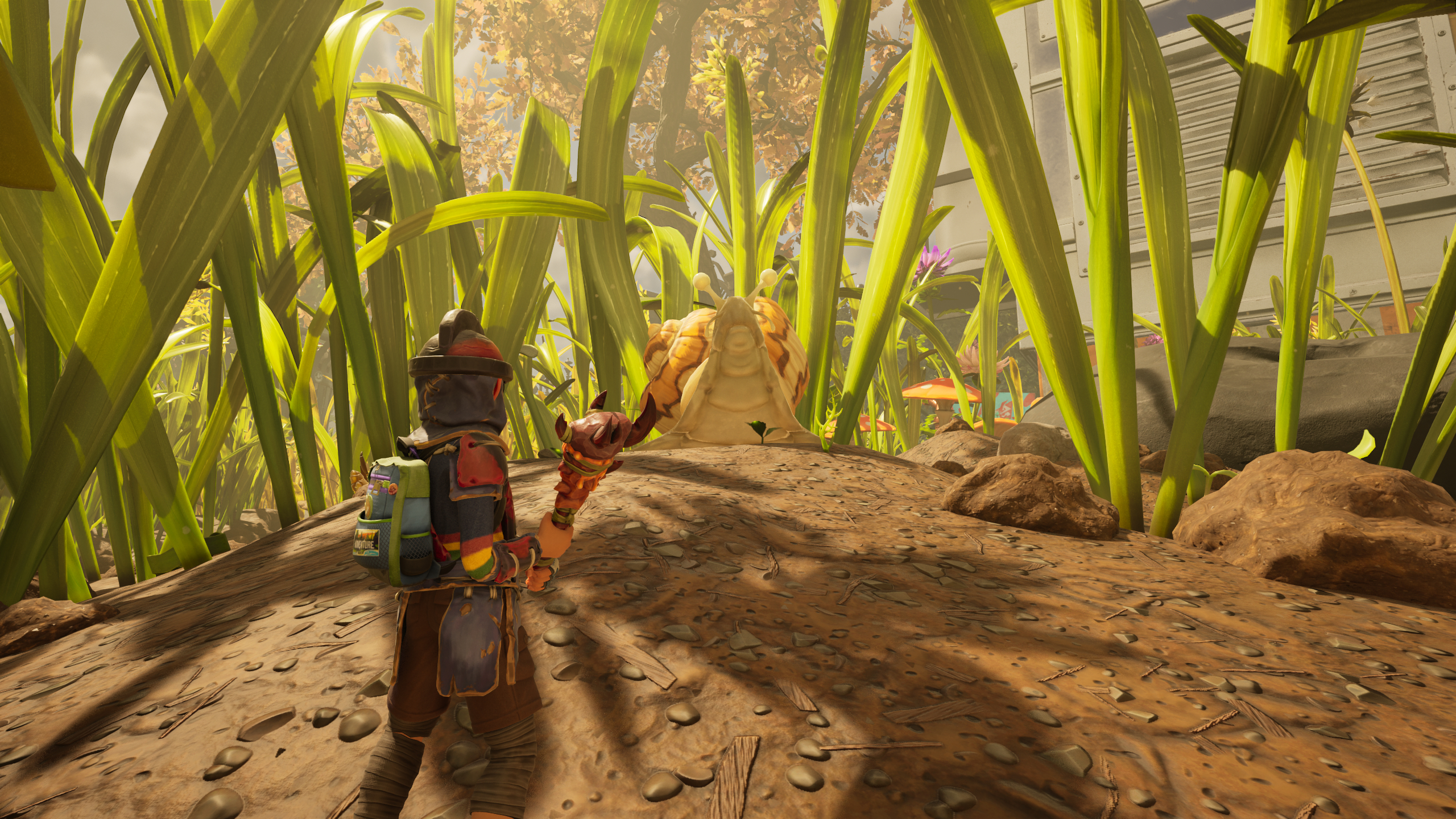 Grounded 2 how to kill snails: A character holding a club facing away from us, looking at a snail on the hill in the distance.