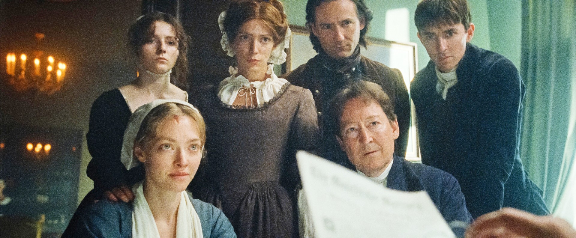 Thomasin McKenzie, Stacy Martin, Lewis Pullman, Matthew Beard, bottom from left: Amanda Seyfried, Scott Handy in The Testament of Ann Lee