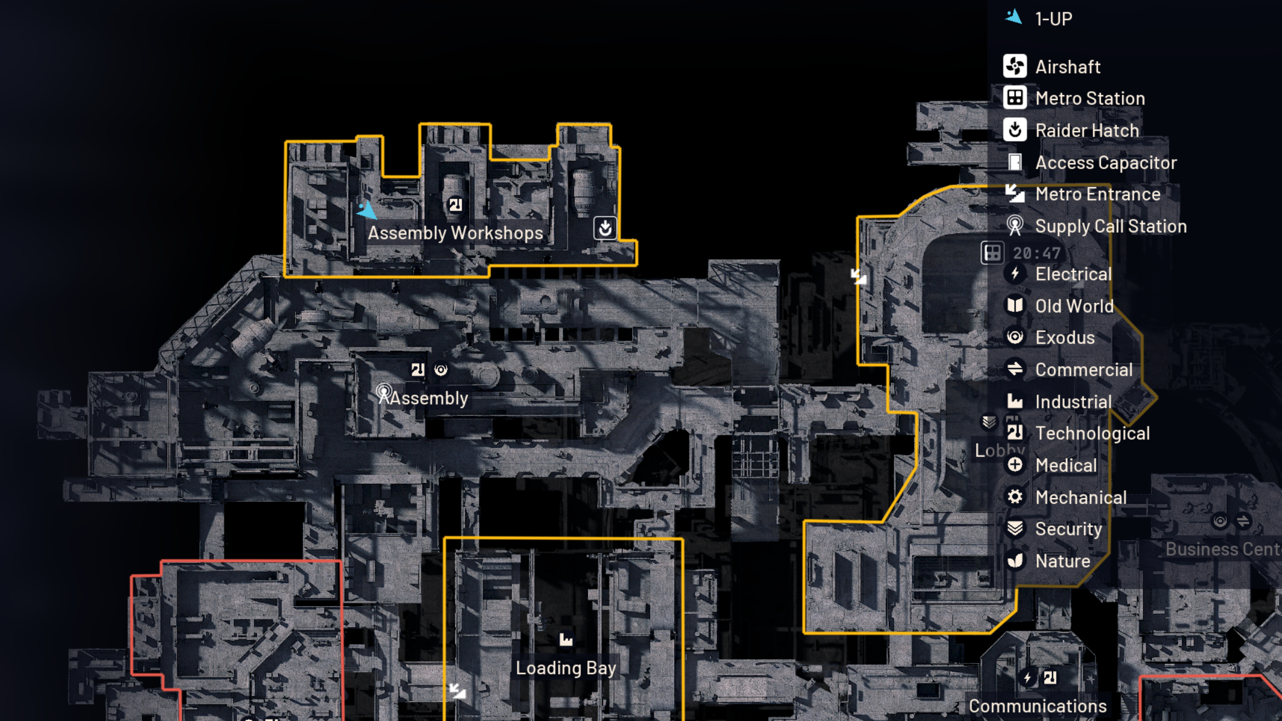 Arc Raiders Geiger Counter: A map of Stella Montis, with a focus on Assembly in the north.