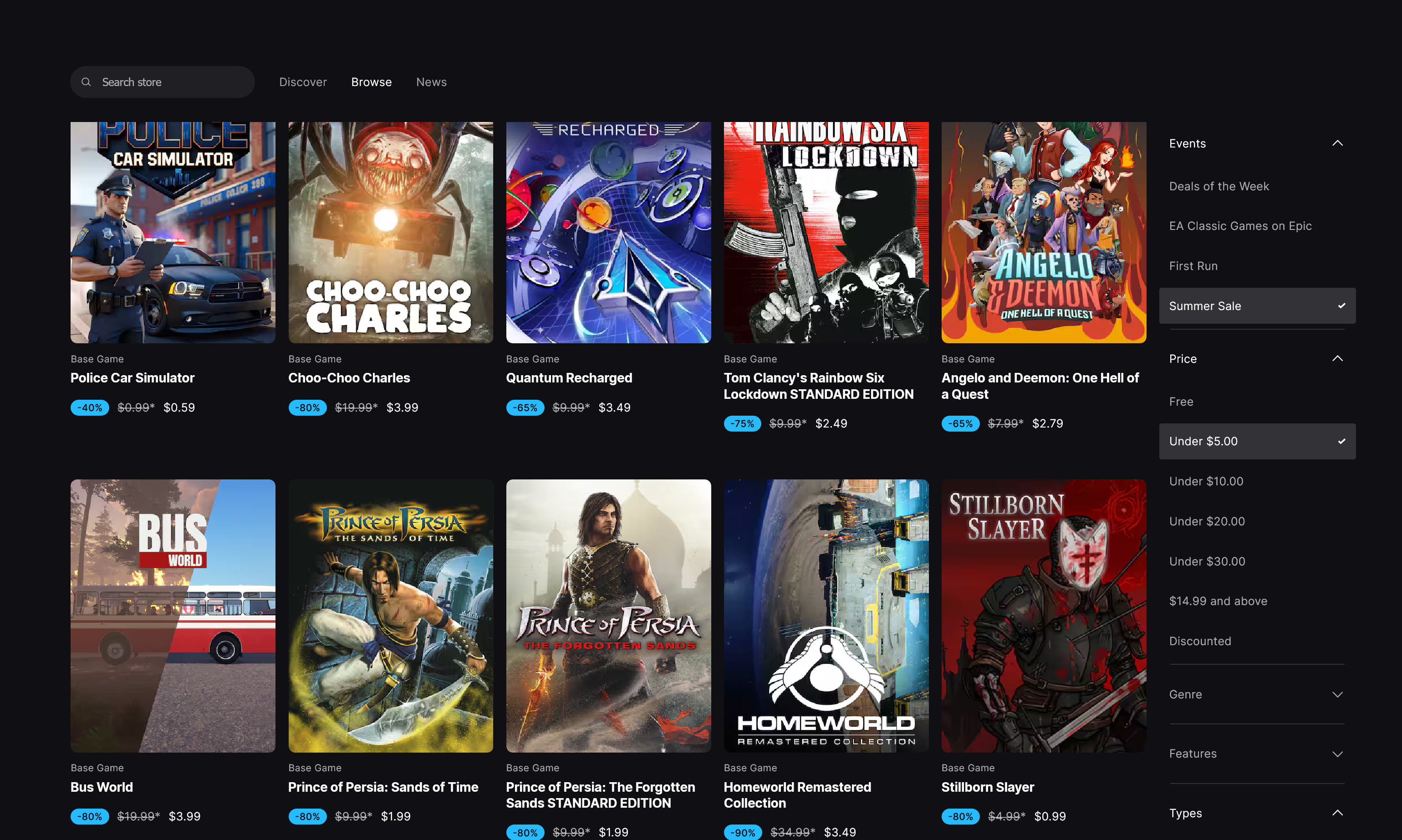 Epic Games Store browsing page