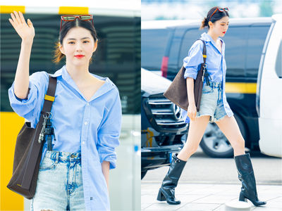 韓韶禧來台背小CK麂皮包3千元有找！機場造型超平價　搭長靴露長腿