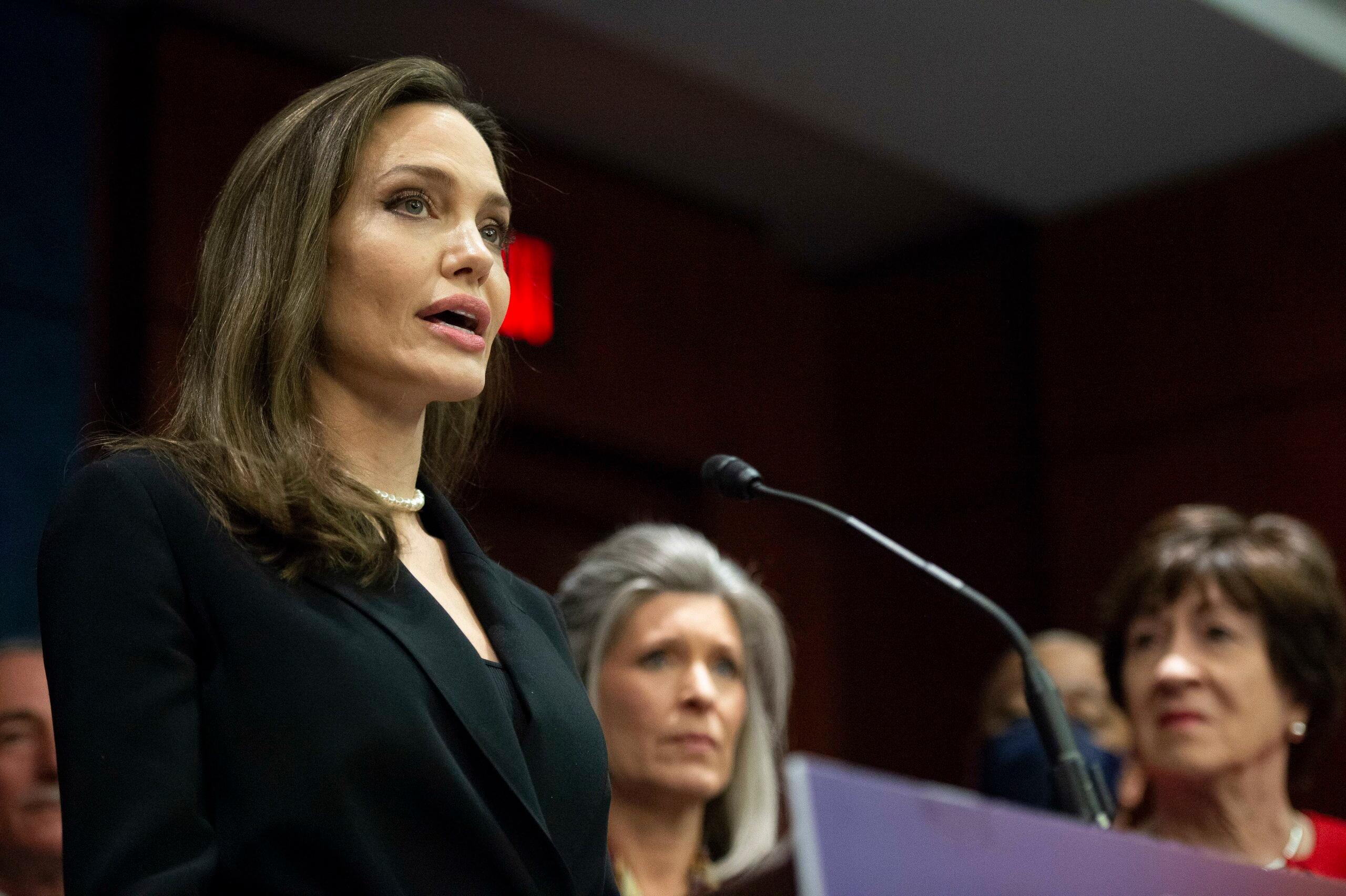 Angelina Jolie speaks during a press conference announcing the bipartisan updated Violence Against Women Act (VAWA) at the US Capitol in Washington, DC on Wednesday, February 9, 2022.