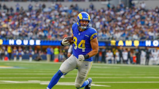Los Angeles Rams tight end Colby Parkinson (84) catches the ball for a gain during a NFL game against the Detroit Lions on December 15, 2025 at Sofi Stadium in Inglewood, CA.