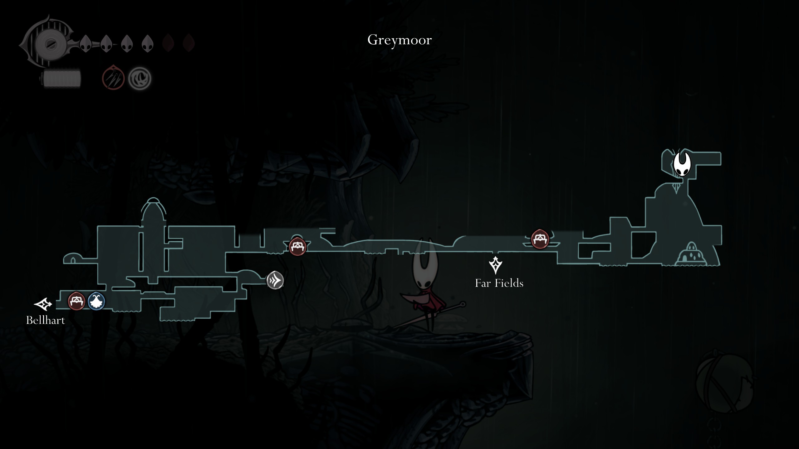Map of Greymoor in Hollow Knight: Silksong, showing location of Thread Storm ability