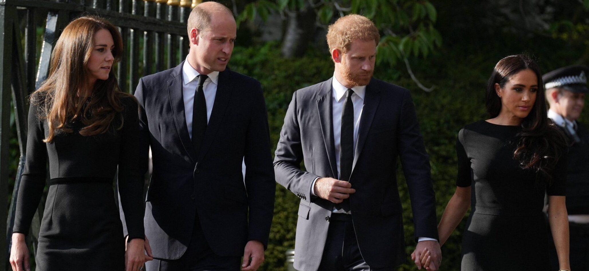 The Prince and Princess of Wales along with Prince Harry and Meghan Markle the Duke and Duchess of Sussex view the tributes at Windsor