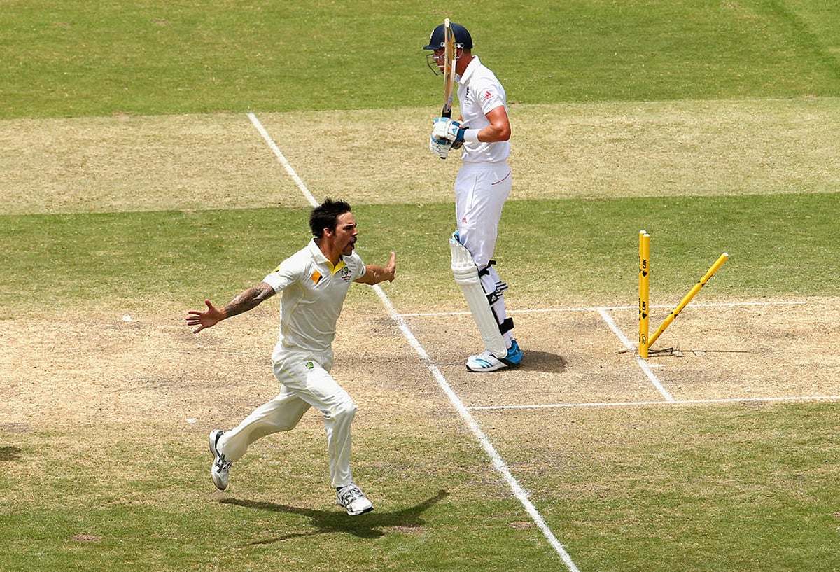 Mitchell Johnson of Australia celebrates after taking the wicket of Stuart Broad in December 2013 (Getty Images)