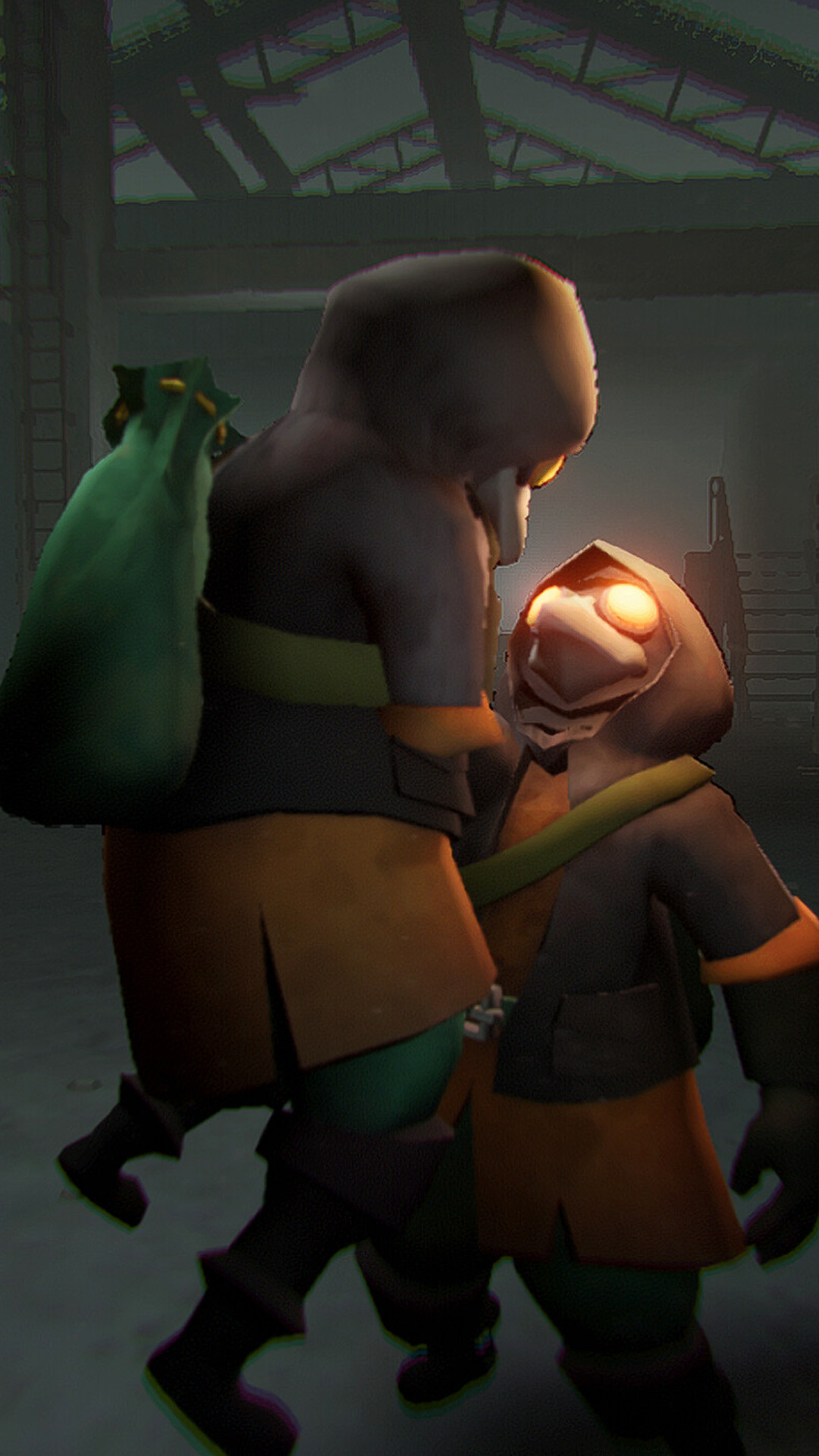 A Mimesis character holding another by the neck with glowing eyes