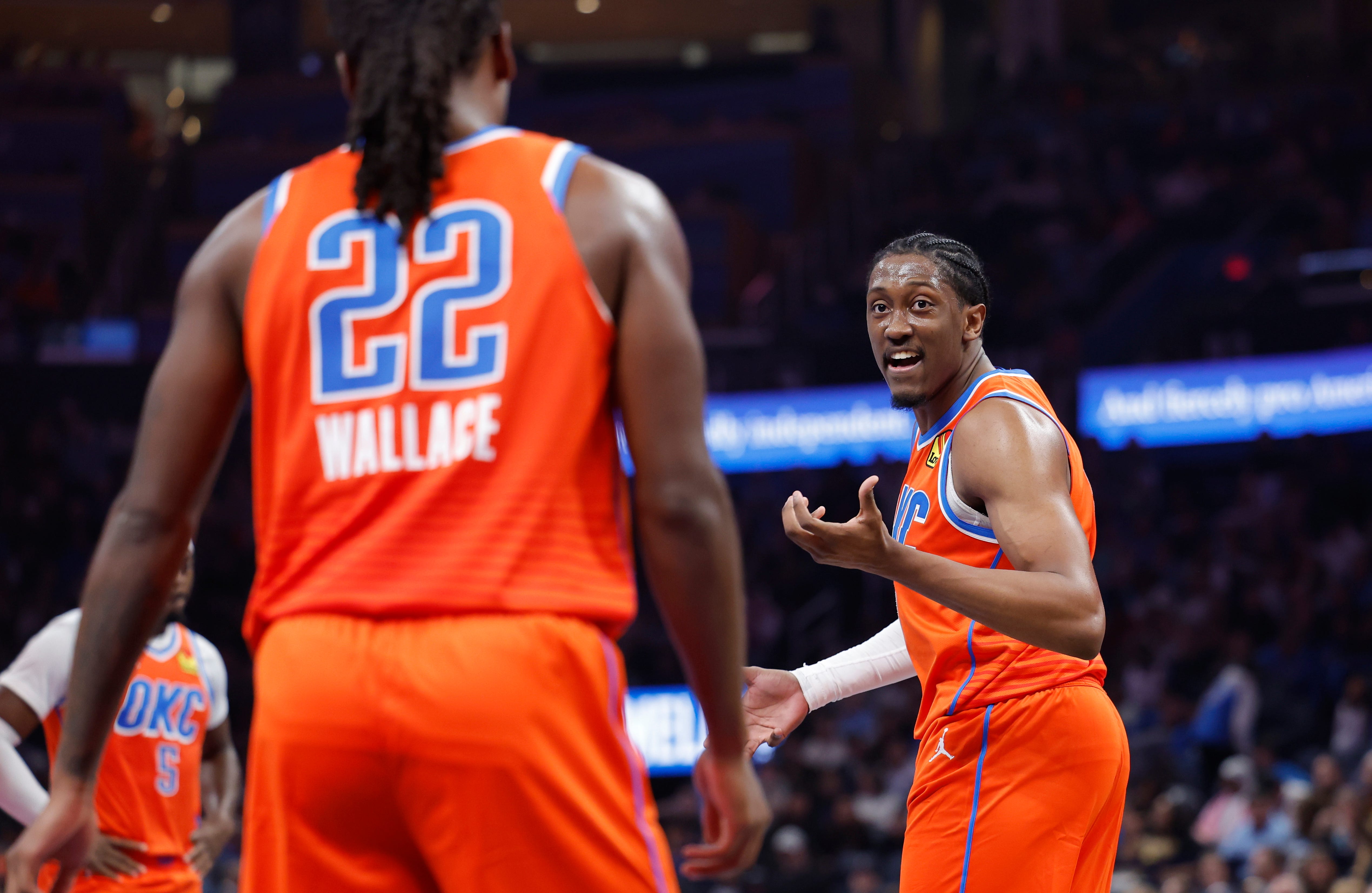 Nov 28, 2025; Oklahoma City, Oklahoma, USA; Oklahoma City Thunder guard Jalen Williams (8) smiles after scoring against the Phoenix Suns during the second half at Paycom Center. Mandatory Credit: Alonzo Adams-Imagn Images