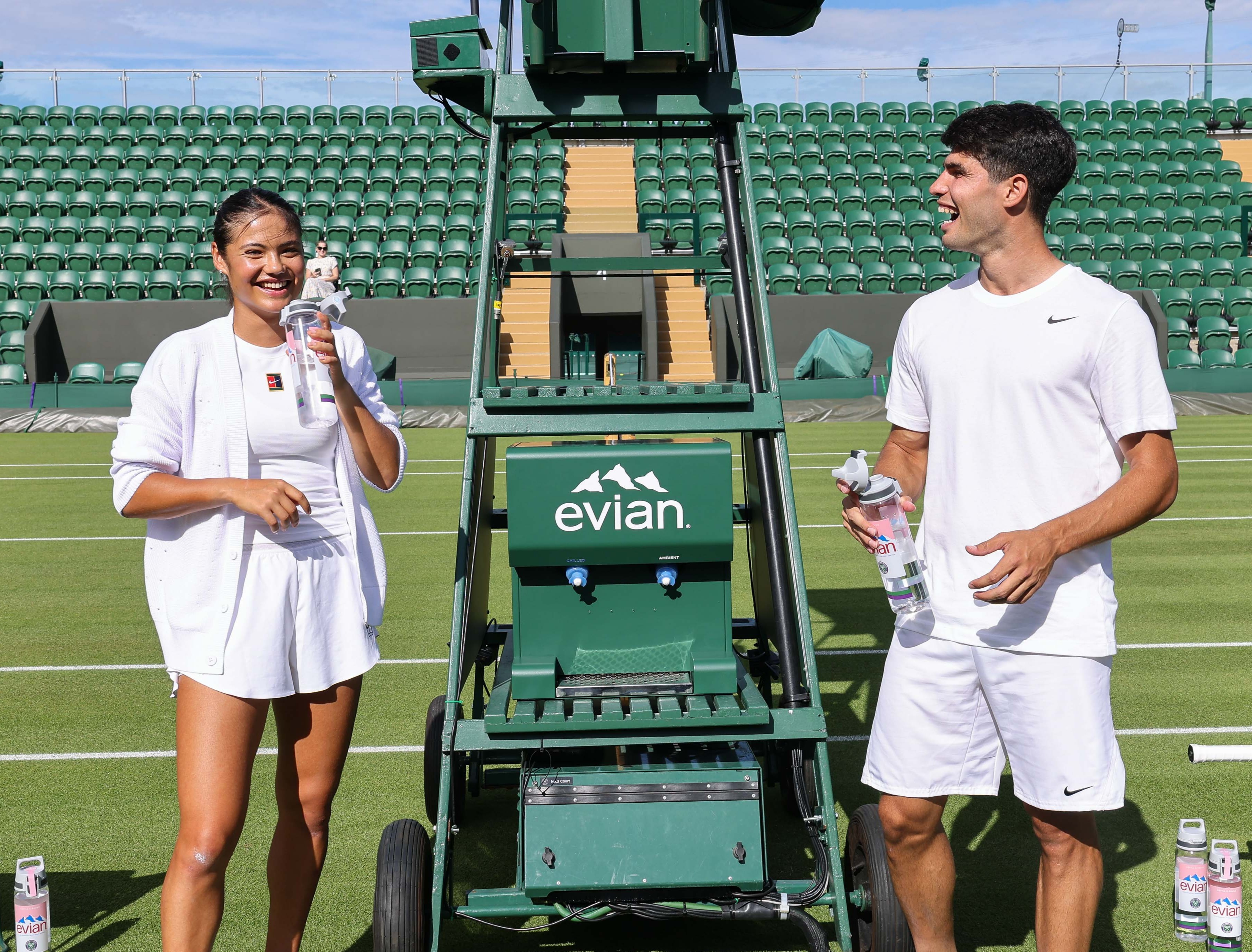 LONDON, ENGLAND - JUNE 27: Emma Raducanu and Carlos Alcaraz attend evian's Pre-Wimbledon event at their Mountain Of Youth VIP Suite at Wimbledon on June 27, 2025 in London, England. (Photo by Max Cisotti/Dave Benett/Getty Images for evian)