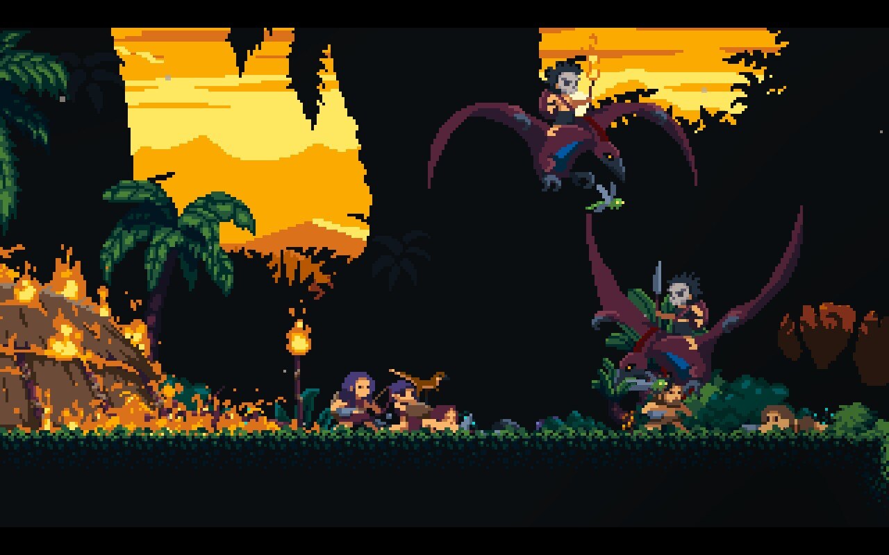 A screenshot from Primal Planet showing a village being destroyed by flying masked cavemen