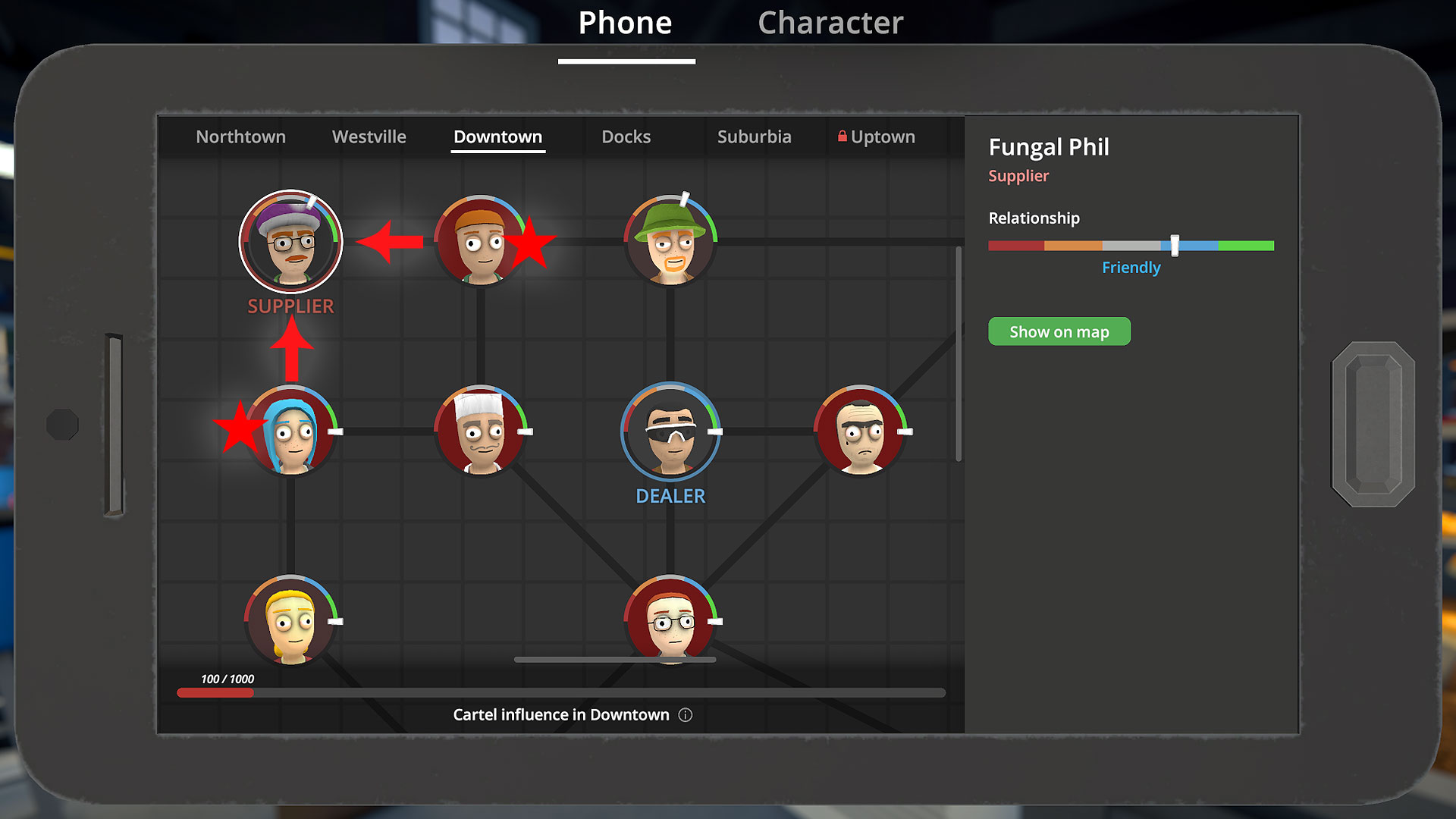 Fungal Phil's icon in the Schedule 1 phone app, showing the two NPCs you need to befriend to unlock the shroom seller