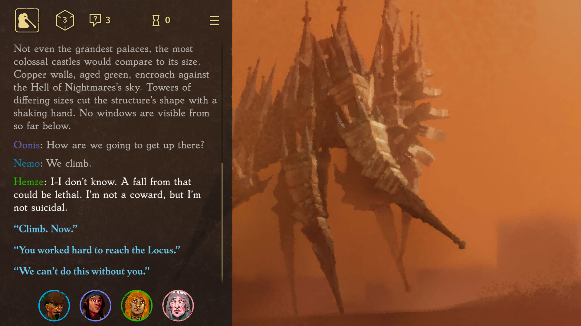 A party of characters considers how to ascend an uncanny walking castle in Thousand Hells: The Underworld Heists.