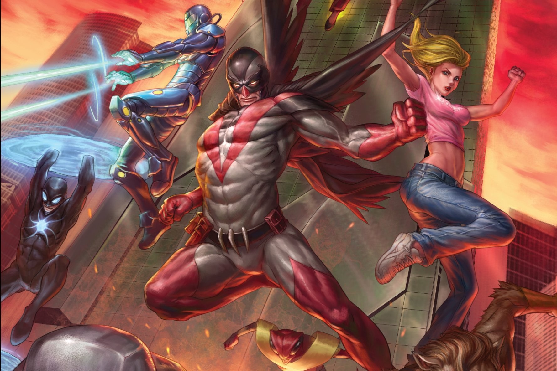 A group of superheroes descending from the sky.