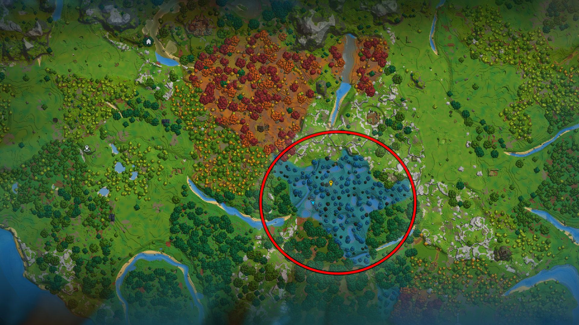 The Hytale world map with a deep blue area circled in red to highlight where you can find Azure Logs.
