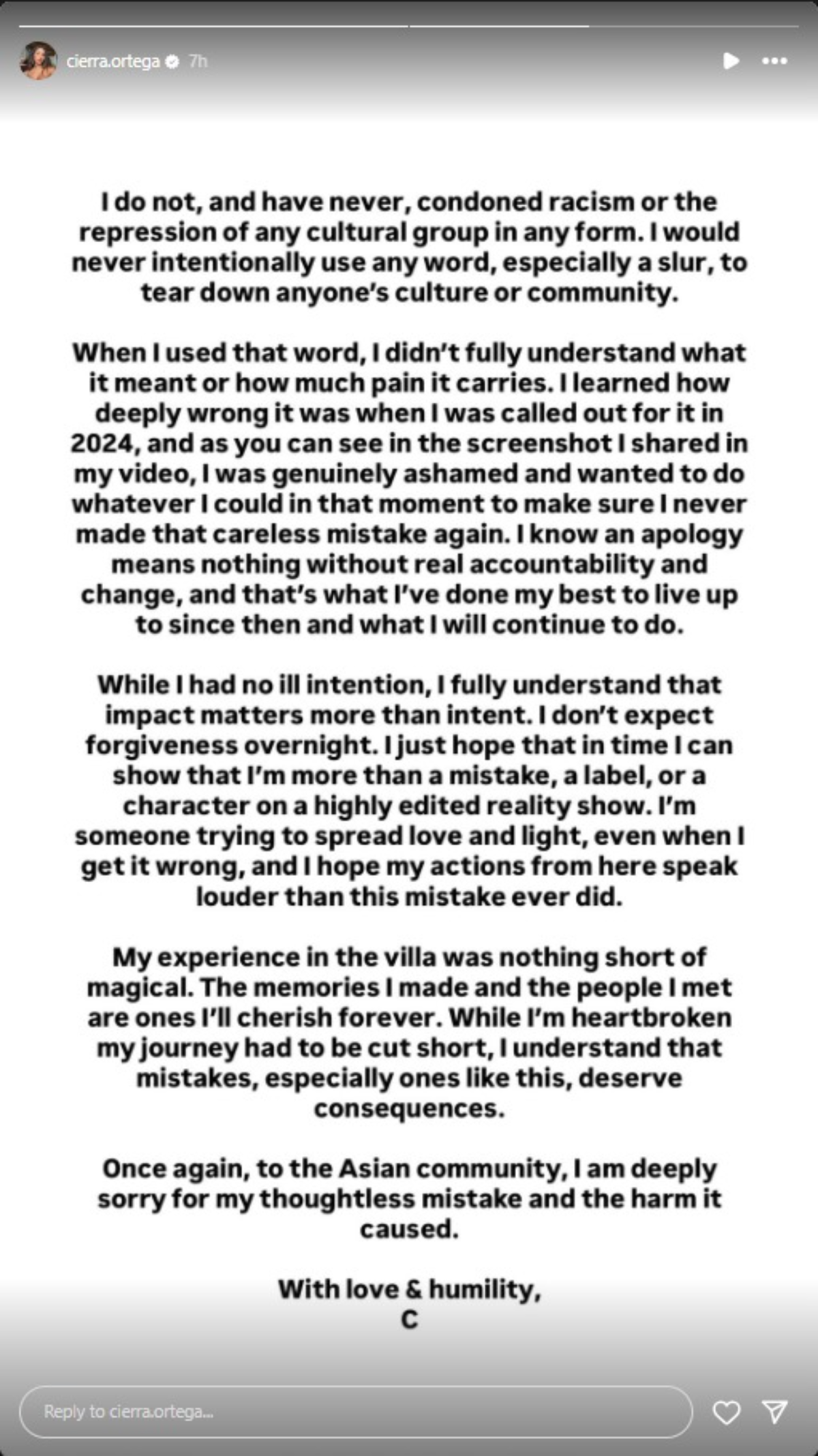 Cierra Ortega apology
