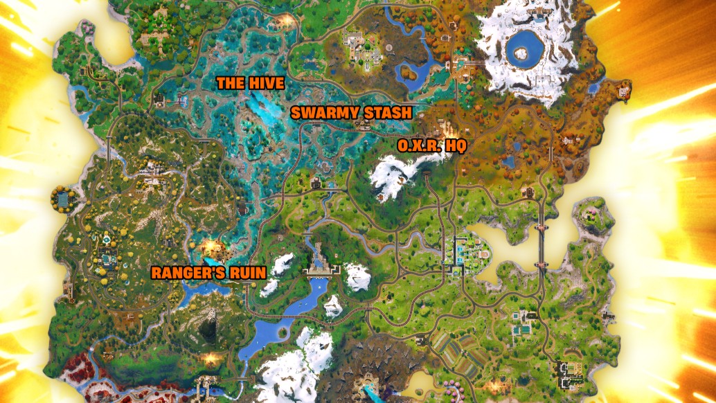 Fortnite map with the names of four locations in orange: the Hive, Swarmy Stash, OXR HQ, and Ranger's Run