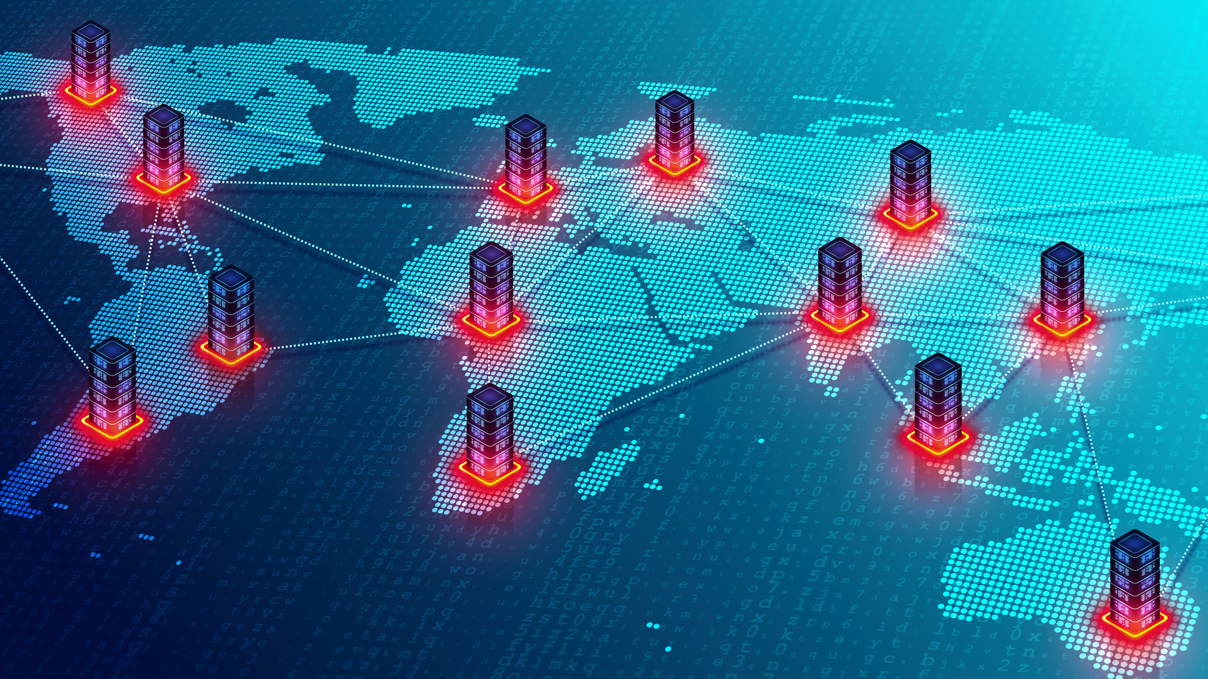A stylized illustration of a global network of servers, showing lines connecting computing towers