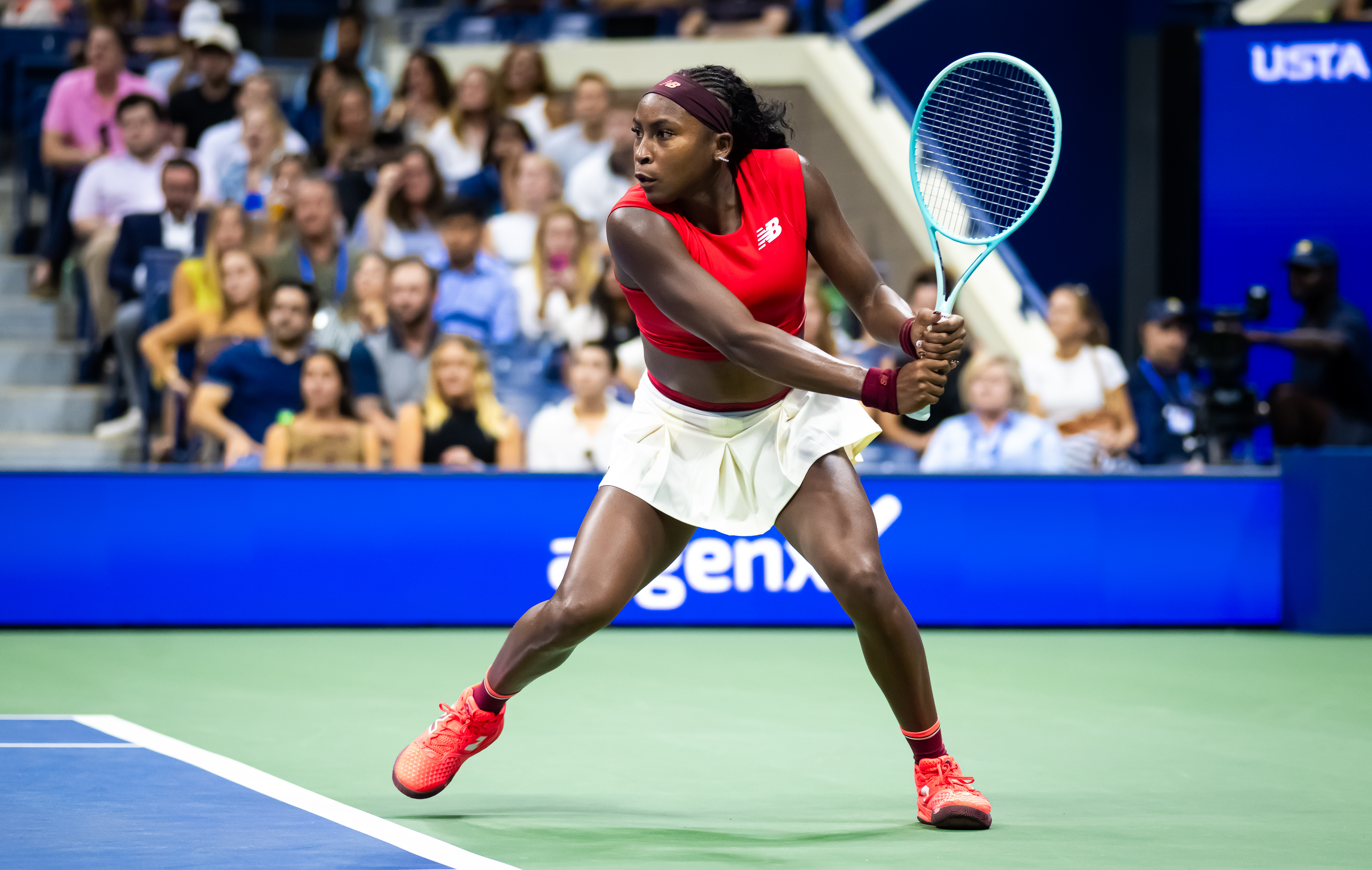 NEW YORK, NEW YORK - AUGUST 26: Coco Gauff of the United States in action against Ajla Tomljanovic of Australia in the first round on Day 3 of the US Open at USTA Billie Jean King National Tennis Center on August 26, 2025 in New York City (Photo by Robert Prange/Getty Images)