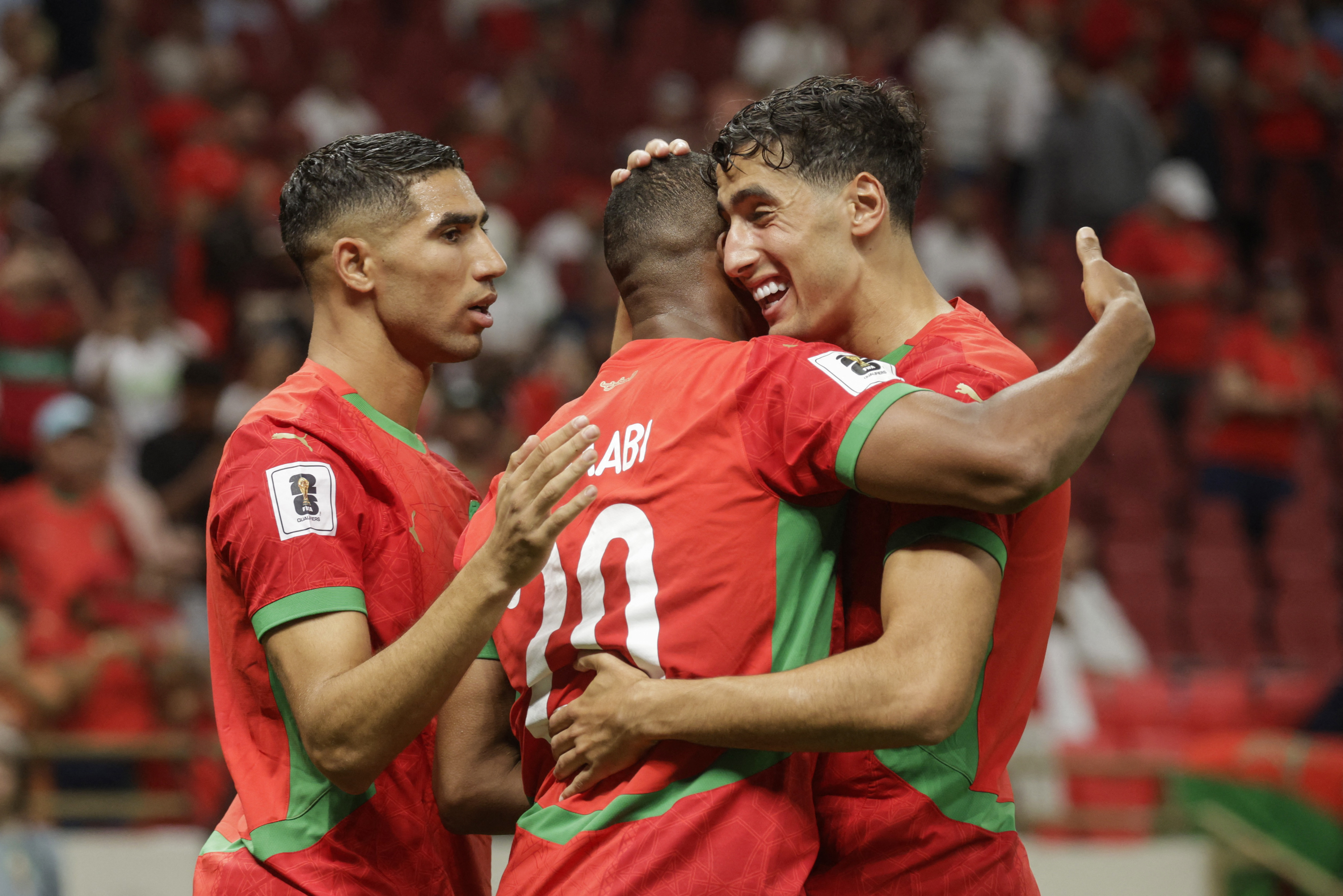 Morocco's forward Ayoub El Kaabi celebrates scoring with his teammates during the FIFA World Cup 2026 Group E African qualification football match between Morocco and Niger at the Prince Moulay Abdellah Sports Complex in Rabat on September 5, 2025. (Photo by Abdel Majid BZIOUAT / AFP)