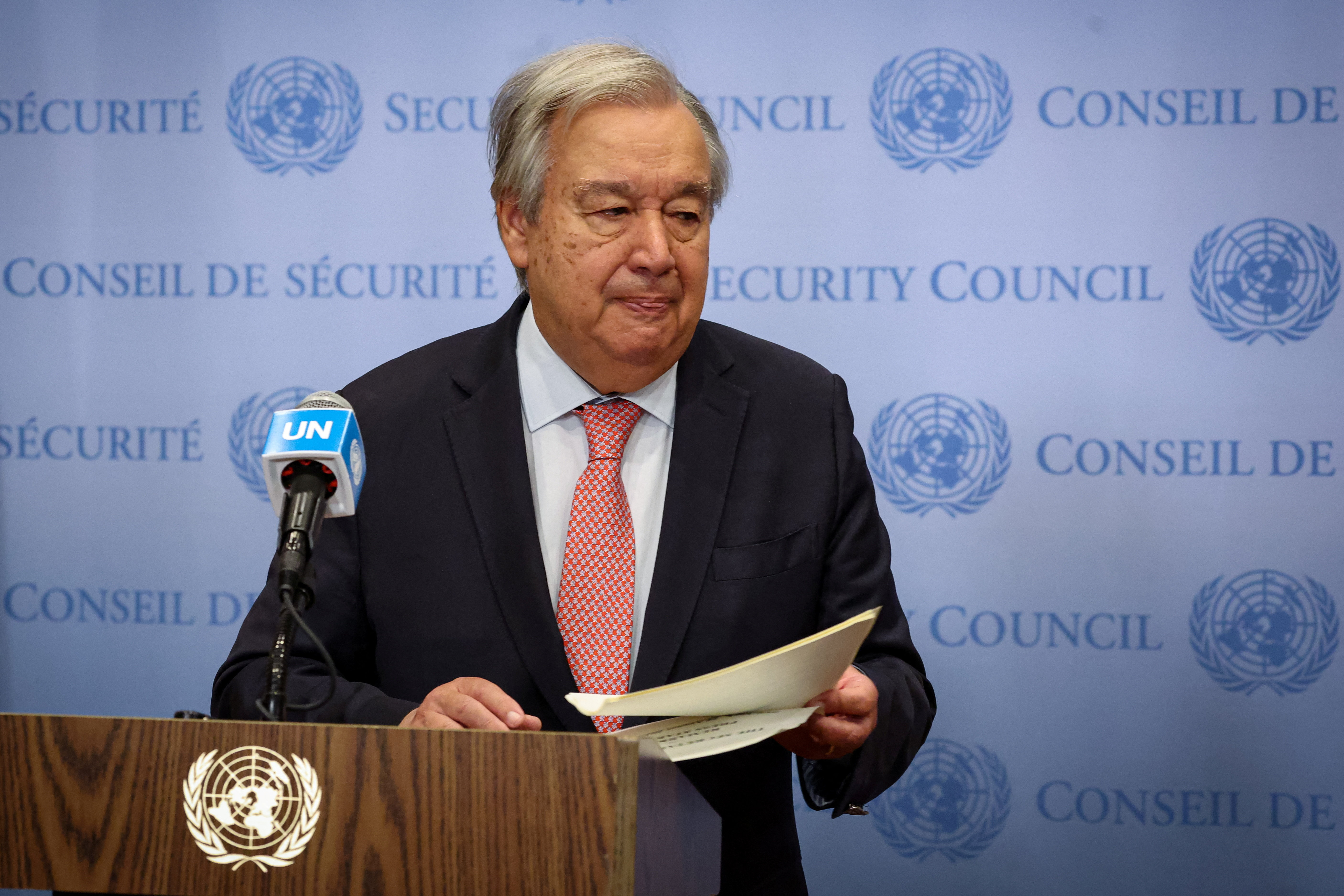 United Nations Secretary-General Antonio Guterres exits after speaking about the ongoing conflict in Gaza, to members of the media prior to a U.N. Security Council meeting, at the United Nations Headquarters in New York City, U.S., August 28, 2025. REUTERS/Brendan McDermid