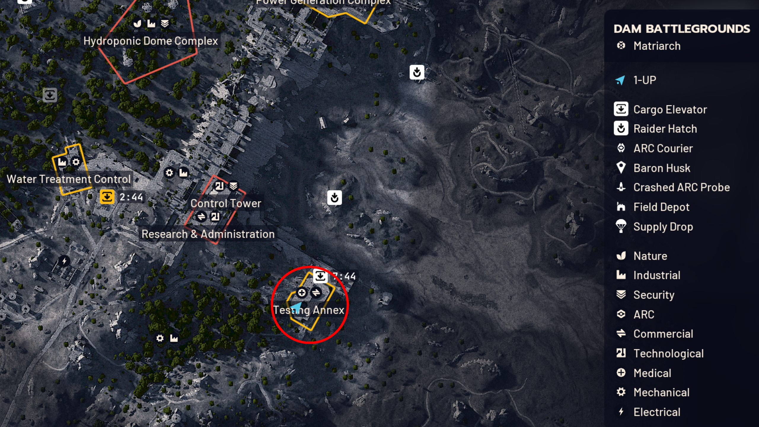 Arc Raiders Expired Respirators: A map of Dam Battlegrounds with a red circle highlighting the Testing Annex location.