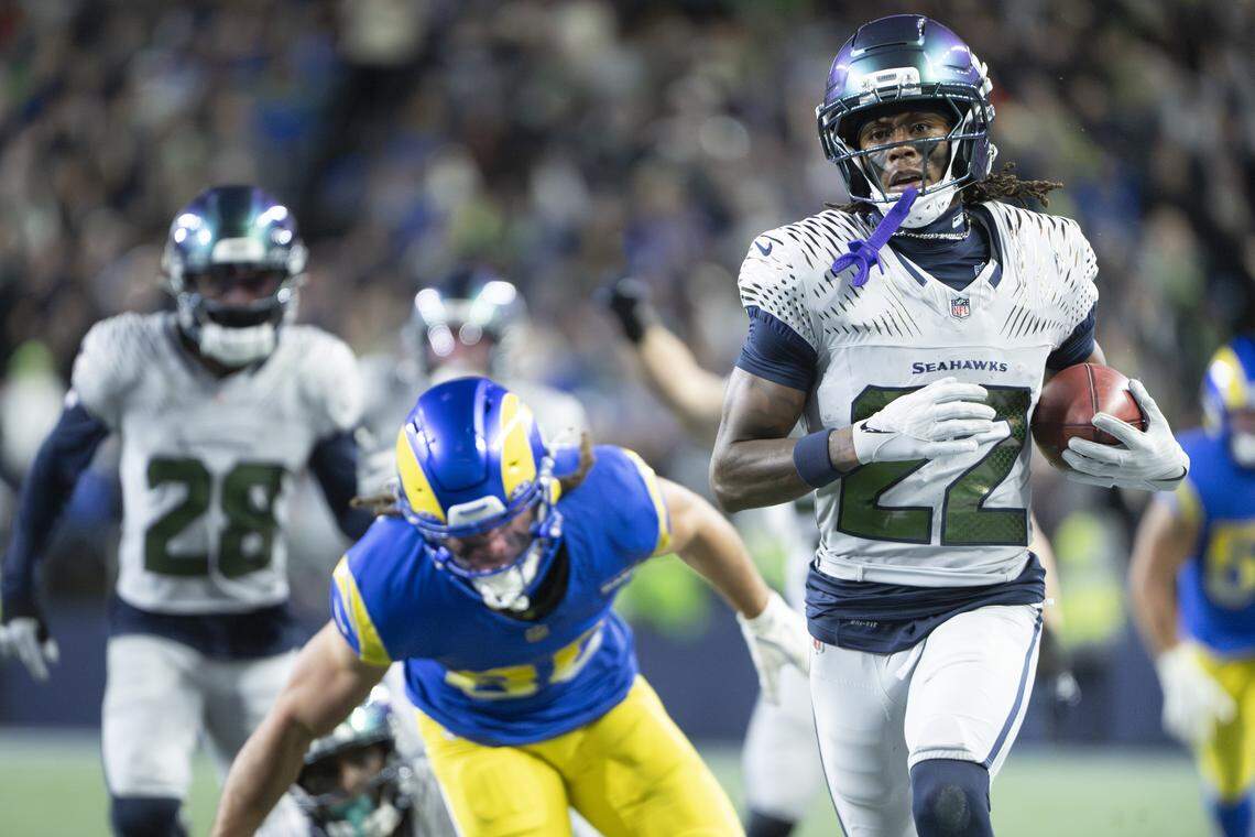 Seattle Seahawks wide receiver Rashid Shaheed (22) carries the ball into the end zone for a touchdown in the second half of the game at Lumen Field, on Thursday, Dec. 18, 2025, in Seattle.