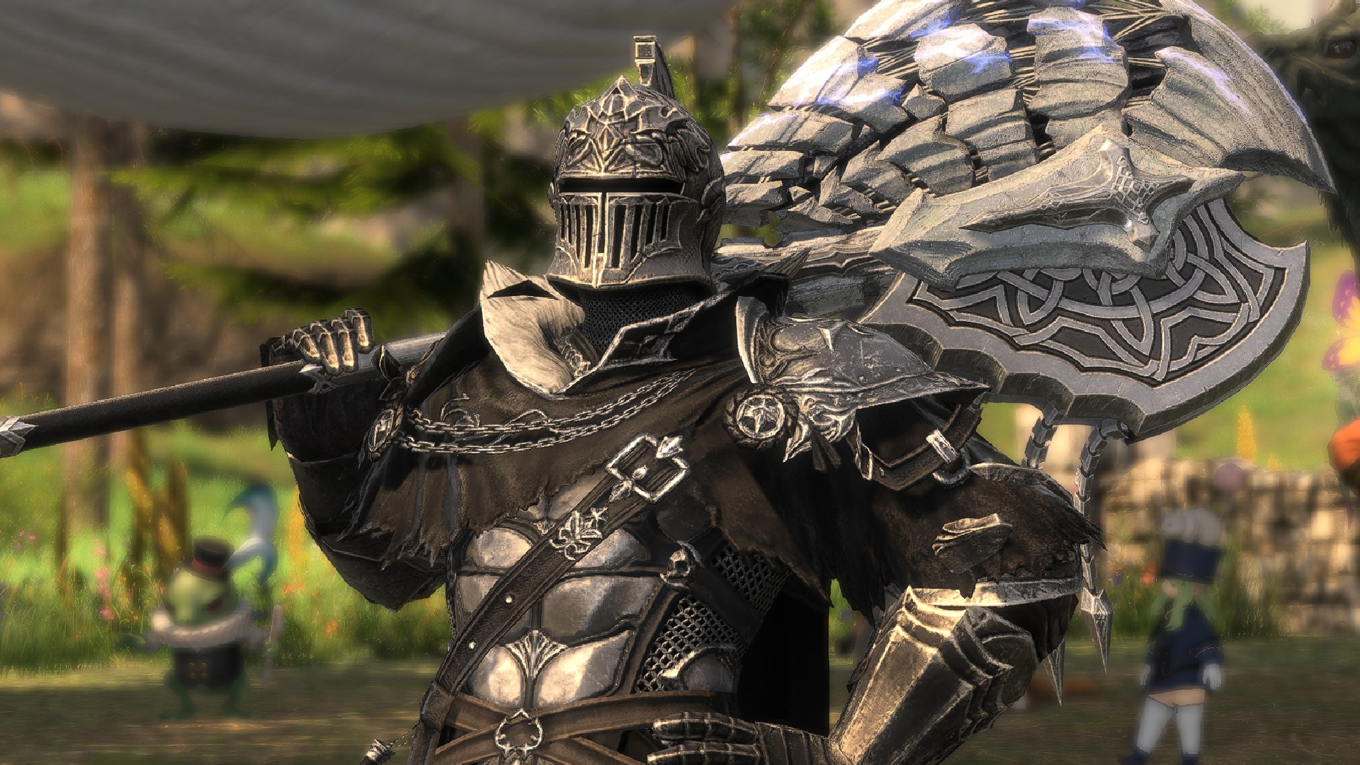 A warrior stands with an axe slung over their shoulder in Final Fantasy 14.