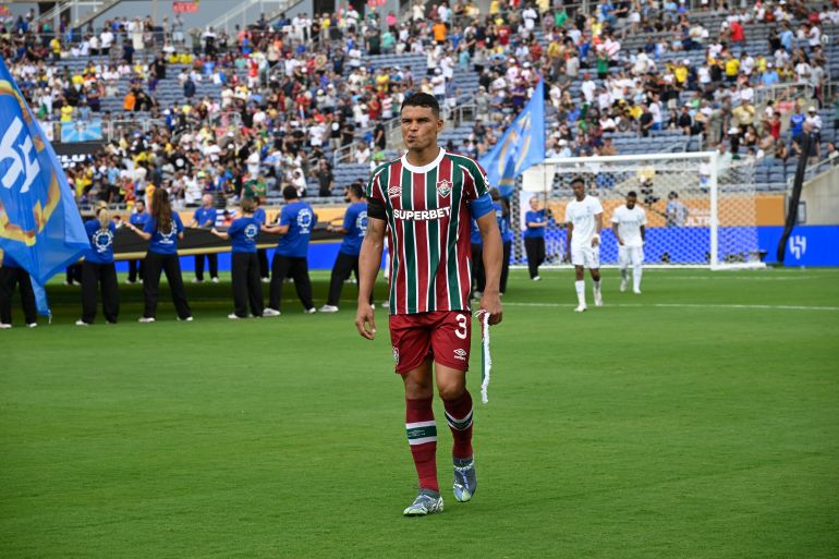 Fluminense's Thiago Silva (3) walks on the pitch before the Club World Cup quarterfinal soccer match between Fluminense and Al Hilal, Friday, July 4, 2025 in Orlando, Fla. (AP Photo/Phelan M. Ebenhack)
