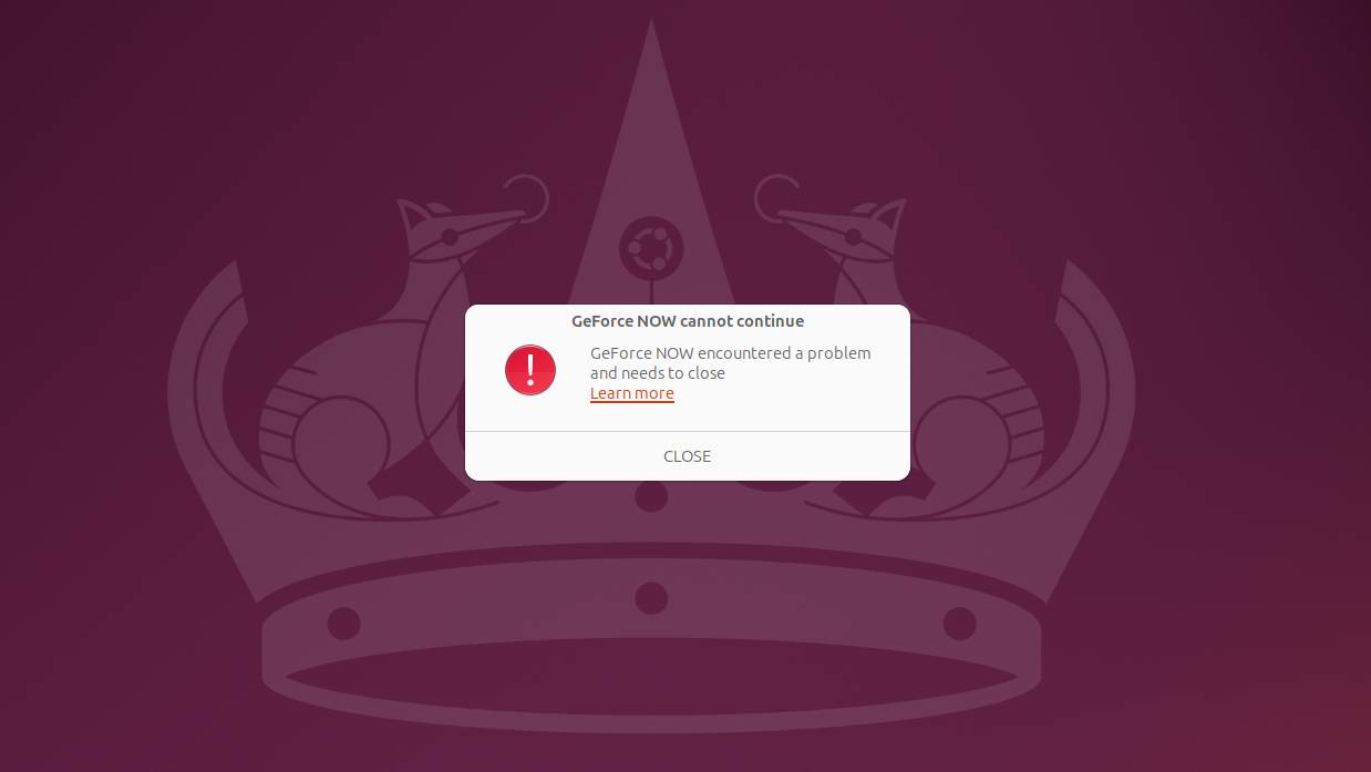 A GeForce Now error on Ubuntu Linux.