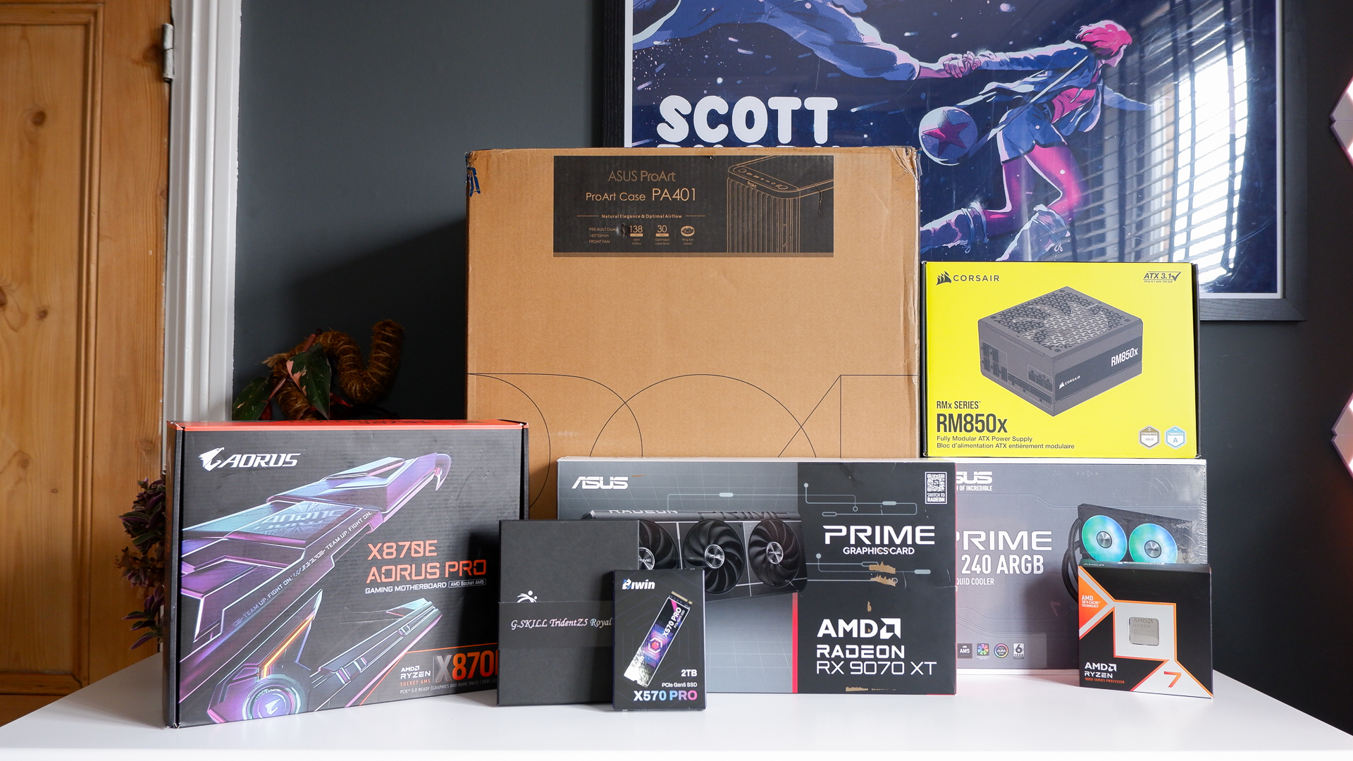 A gaming PC in the process of being built, using Radeon and Ryzen components and an Asus Pro Art PA401 PC case.