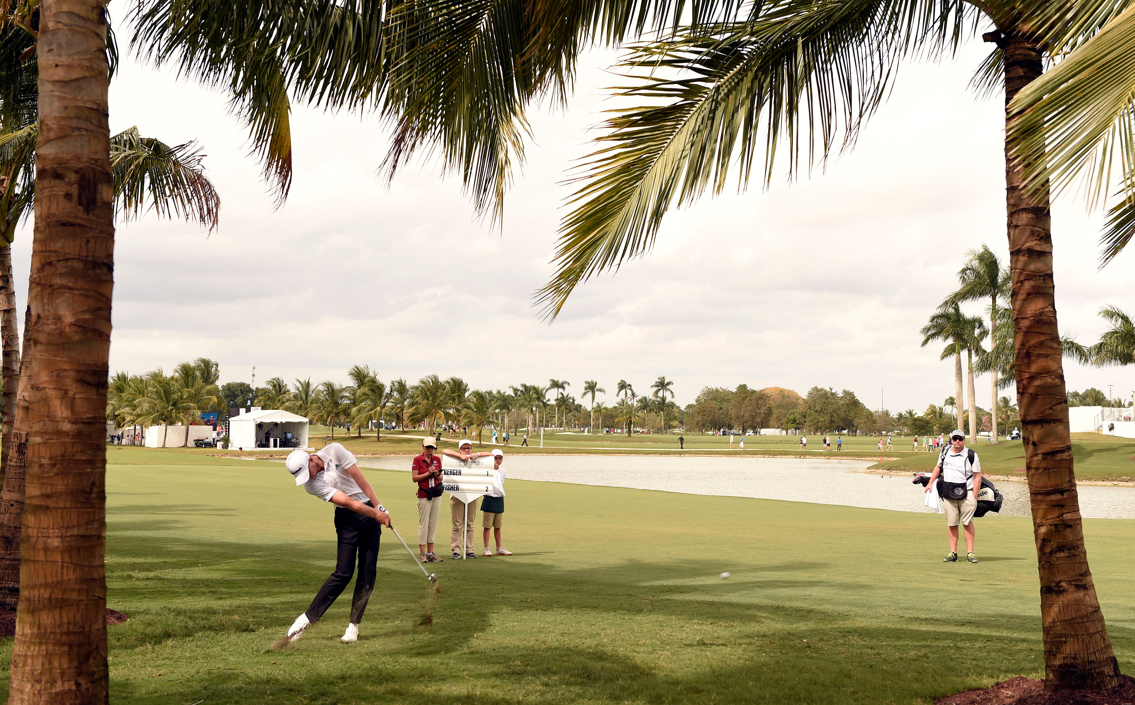 Daniel Berger hits a shot under the palm trees along the ninth fairway during the third round at 2016 WGC-Cadillac Championship at Trump National Doral.