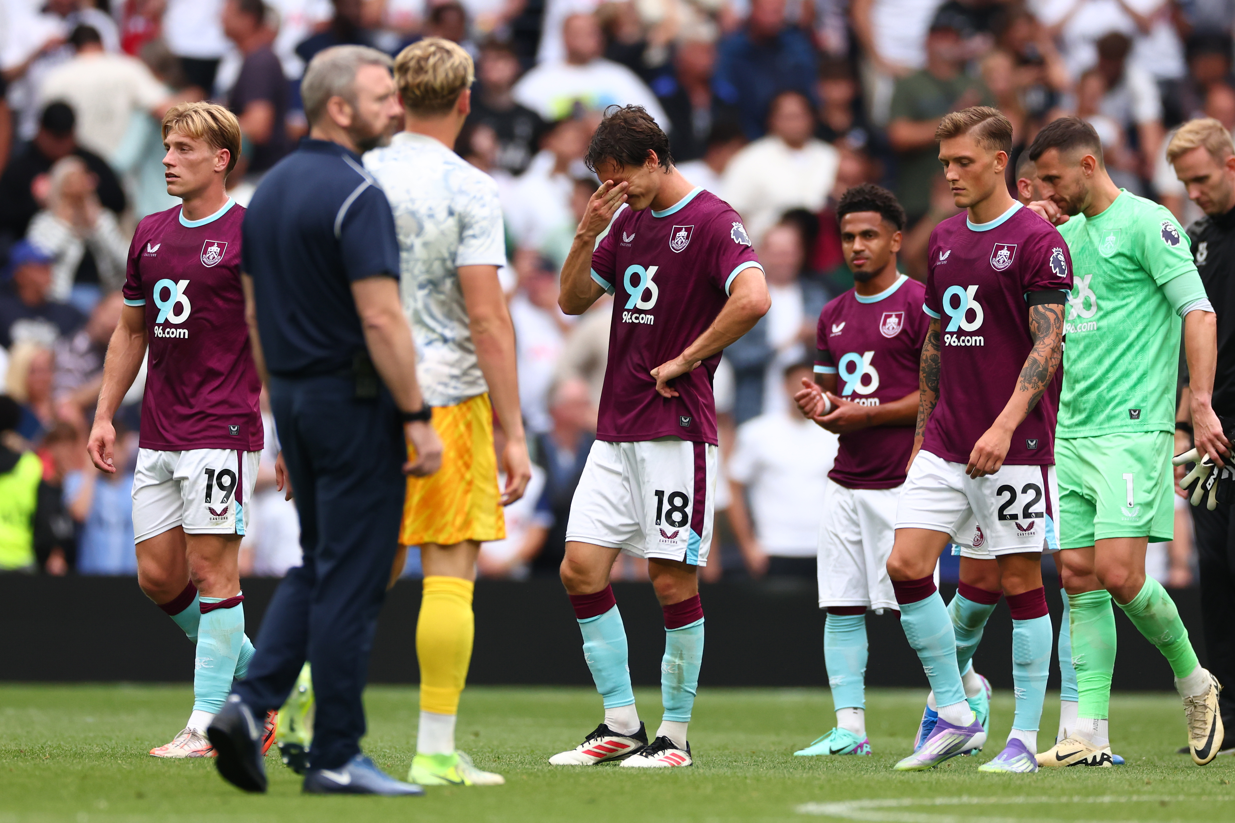 LONDON, ENGLAND - AUGUST 16: A dejected Hjalmar Ekdal of Burnley after the 3-0 loss during the Premier League match between Tottenham Hotspur and Burnley at Tottenham Hotspur Stadium on August 16, 2025 in London, England. (Photo by Shaun Brooks - CameraSport via Getty Images)