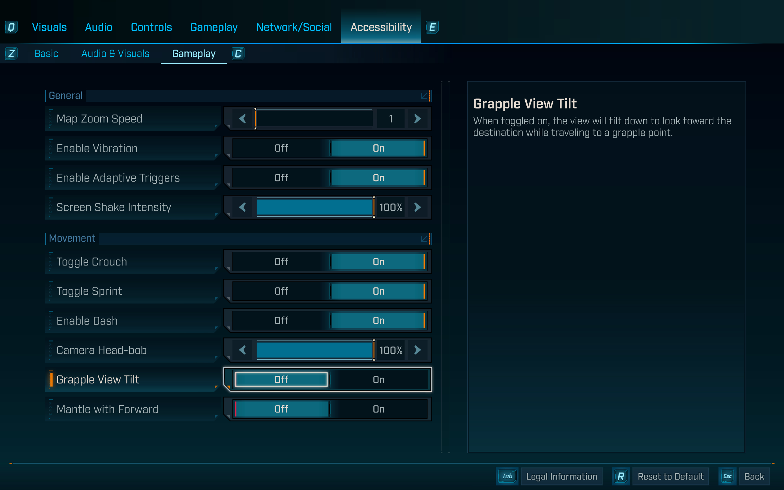 Borderlands 4 grappling hook view tilt: The accessibility settings menu, highlighting the grapple view tilt option.