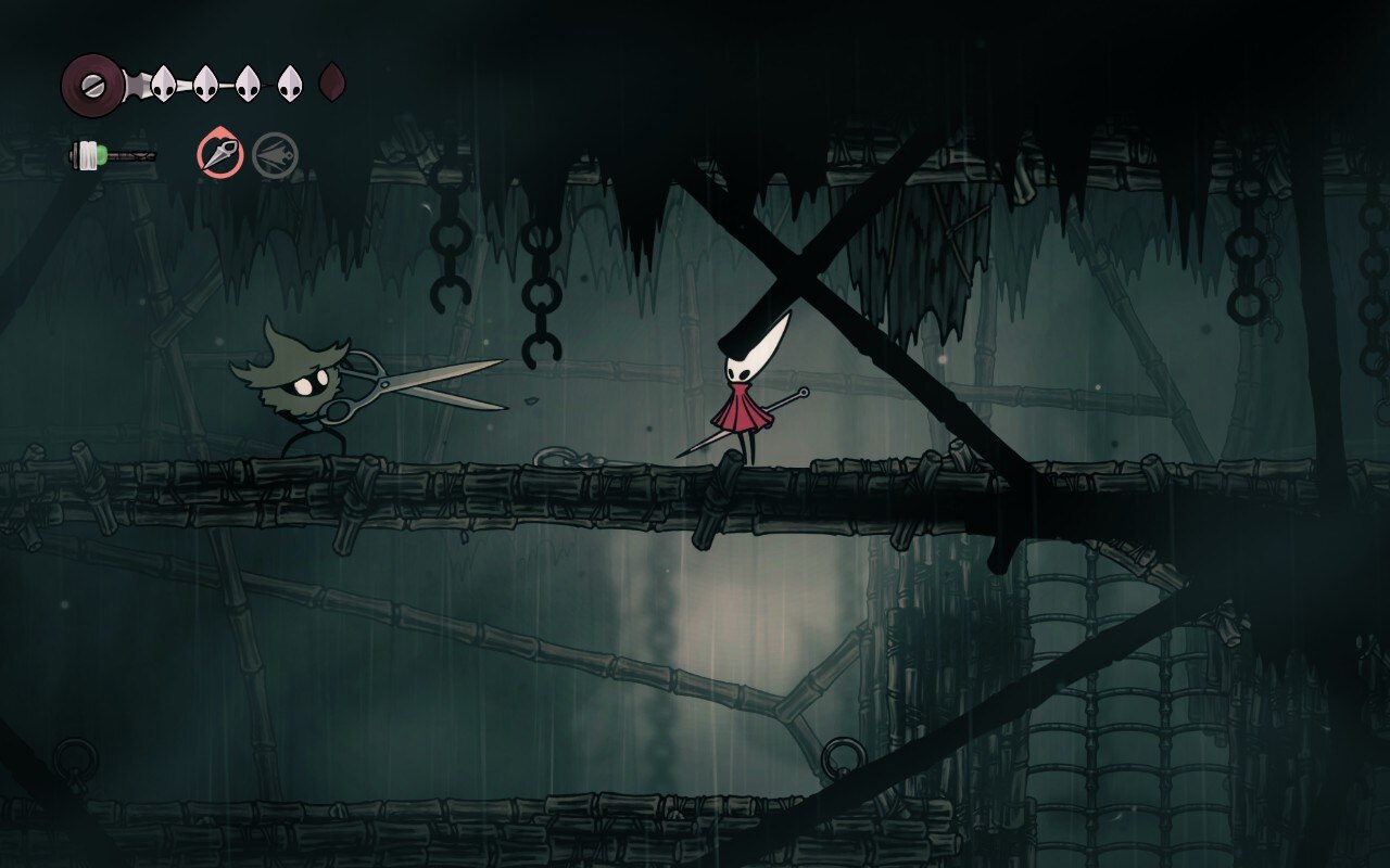 The protagonist of Hollow Knight Silksong, Hornet, faces off against a scissors-wielding bug