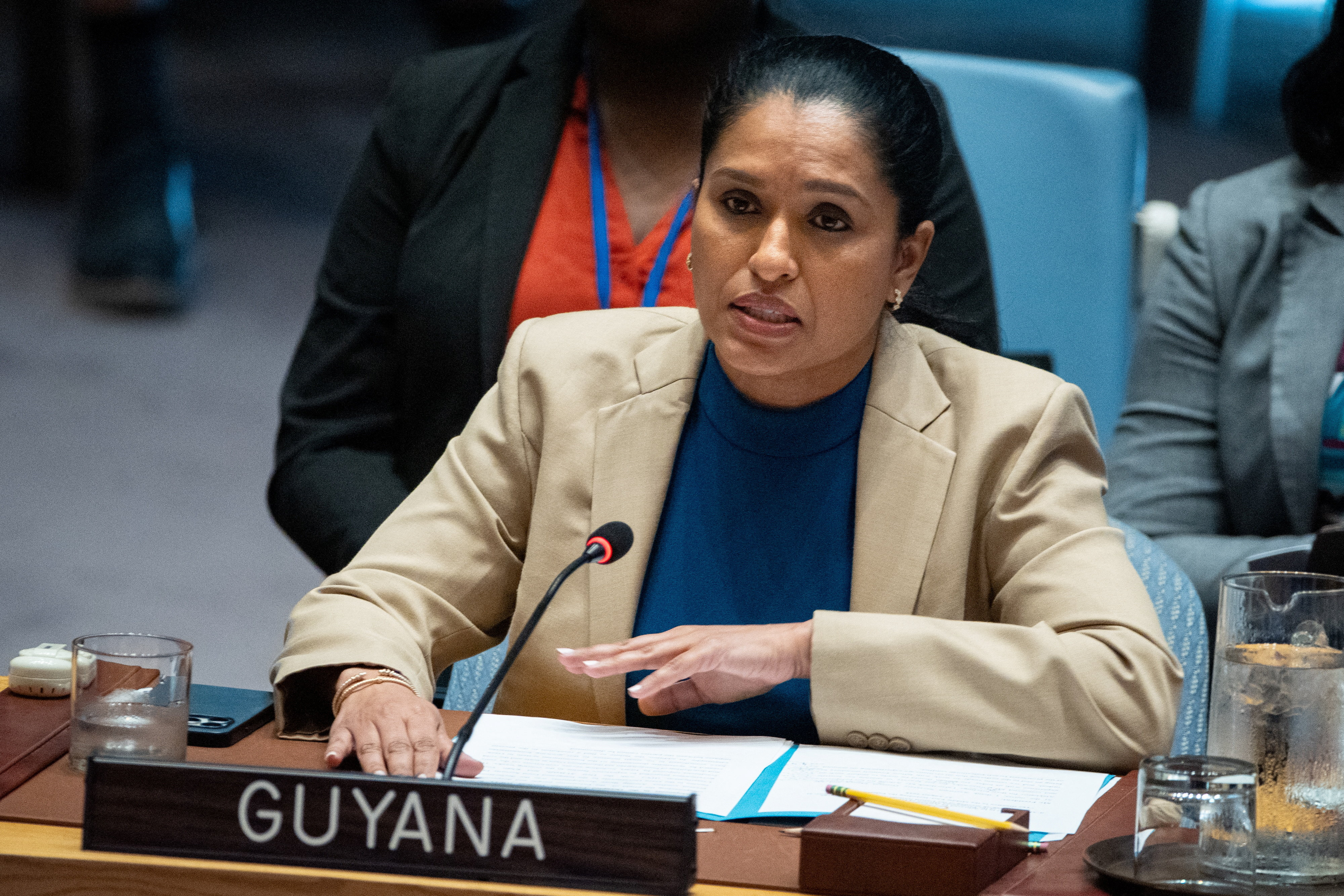 Deputy Permanent Representative of Guyana to the United Nations Trishala Persaud addresses a meeting of the United Nations Security Council on the Israel and Palestinian conflict at U.N. Headquarters in New York City, U.S., August 27, 2025. REUTERS/Angelina Katsanis