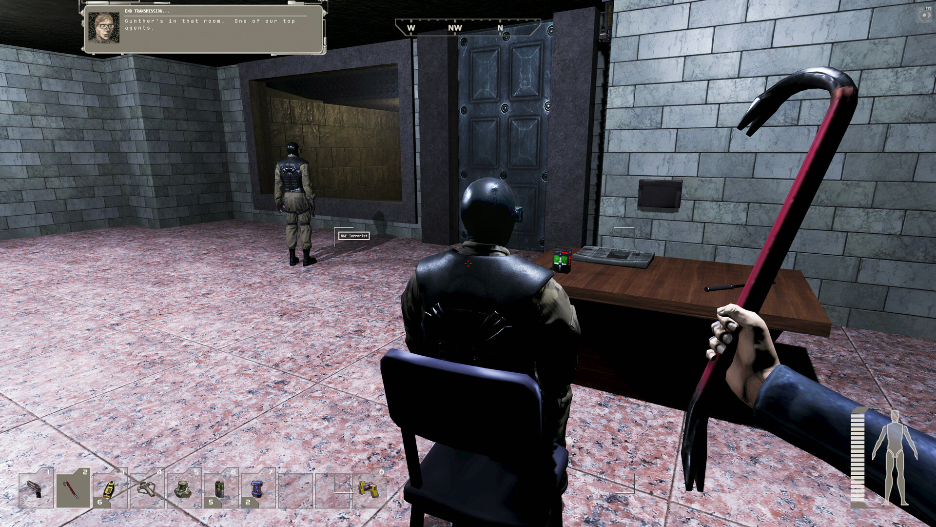 JC sneaks up on an NSF terrorist while wielding a crowbar, his arm looks strange and distended.