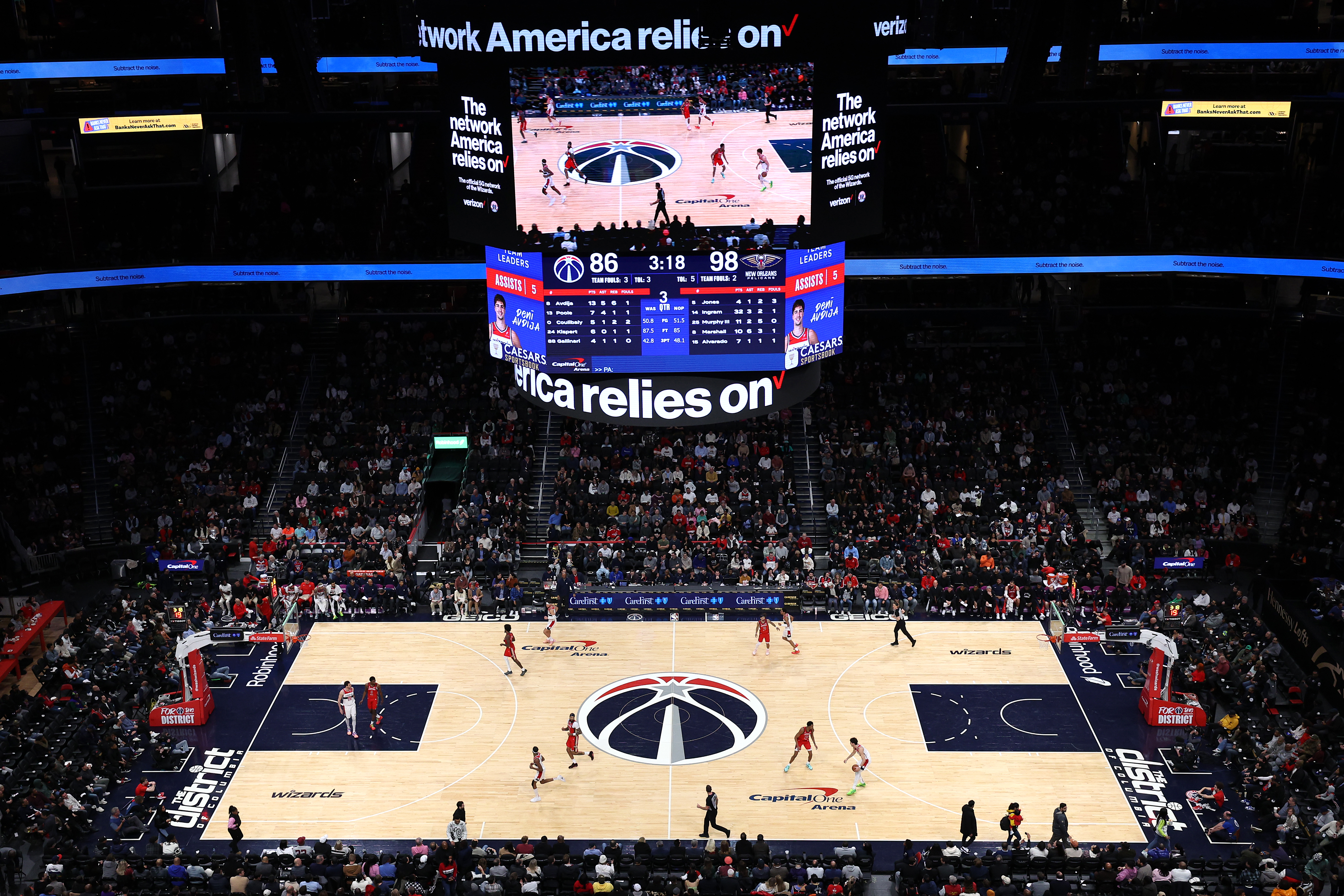 WASHINGTON, DC - DECEMBER 13: A general view of the New Orleans Pelicans playing against the Washington Wizards during the second half at Capital One Arena on December 13, 2023 in Washington, DC. CEO of Monumental Sports & Entertainment Ted Leonsis held a press conference with Virginia Gov. Glenn Youngkin announcing an agreement and plans to create an entertainment district at the Potomac Yard in Alexandria, Virginia which would become the new home arena for the Washington Wizards and Washington Capitals. NOTE TO USER: User expressly acknowledges and agrees that, by downloading and or using this photograph, User is consenting to the terms and conditions of the Getty Images License Agreement. (Photo by Patrick Smith/Getty Images)