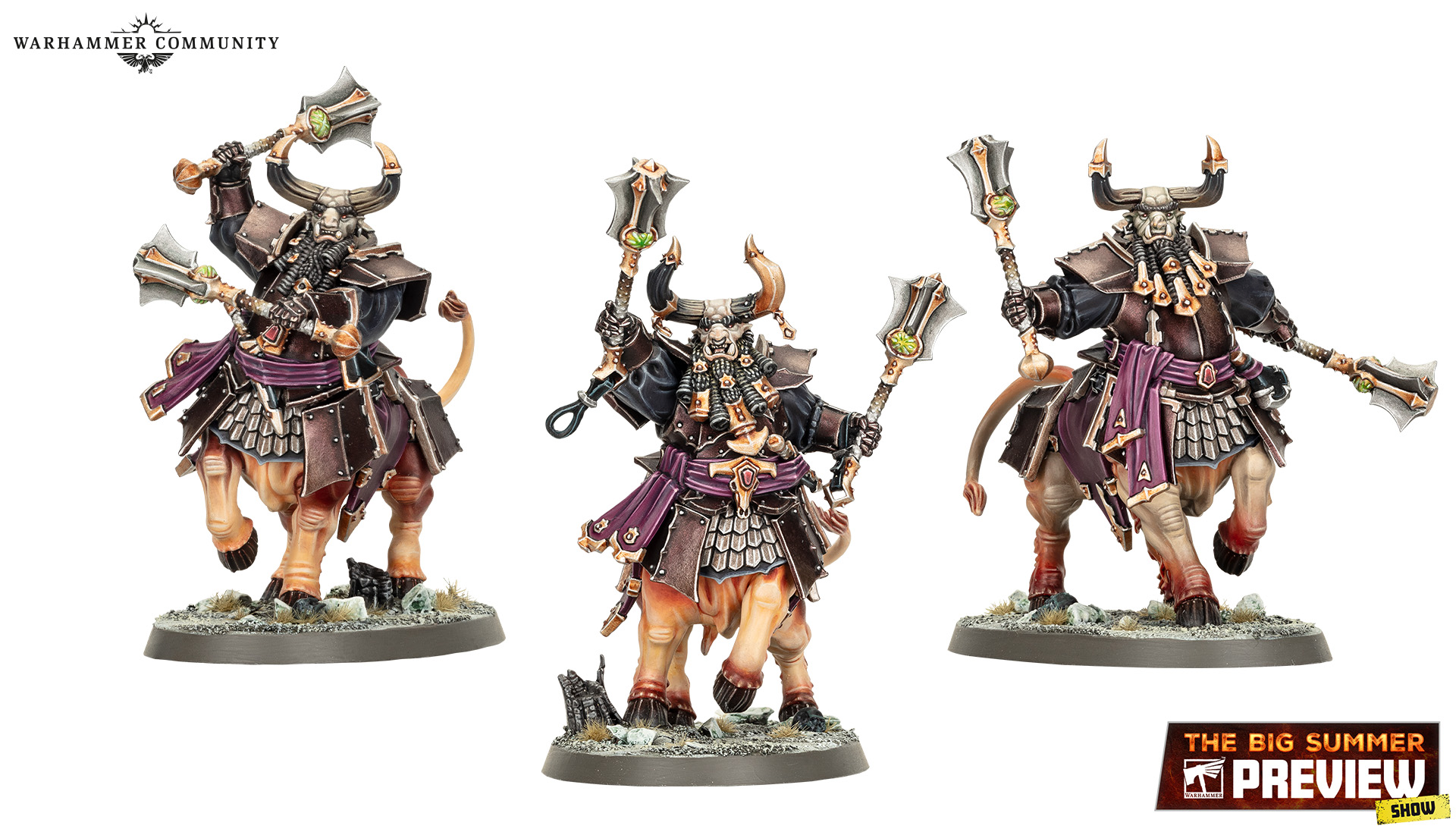 A group of Bull Centaur Warhammer miniatures - warriors with the upper halves of Chaos Dwarfs and the lower halves of bulls.