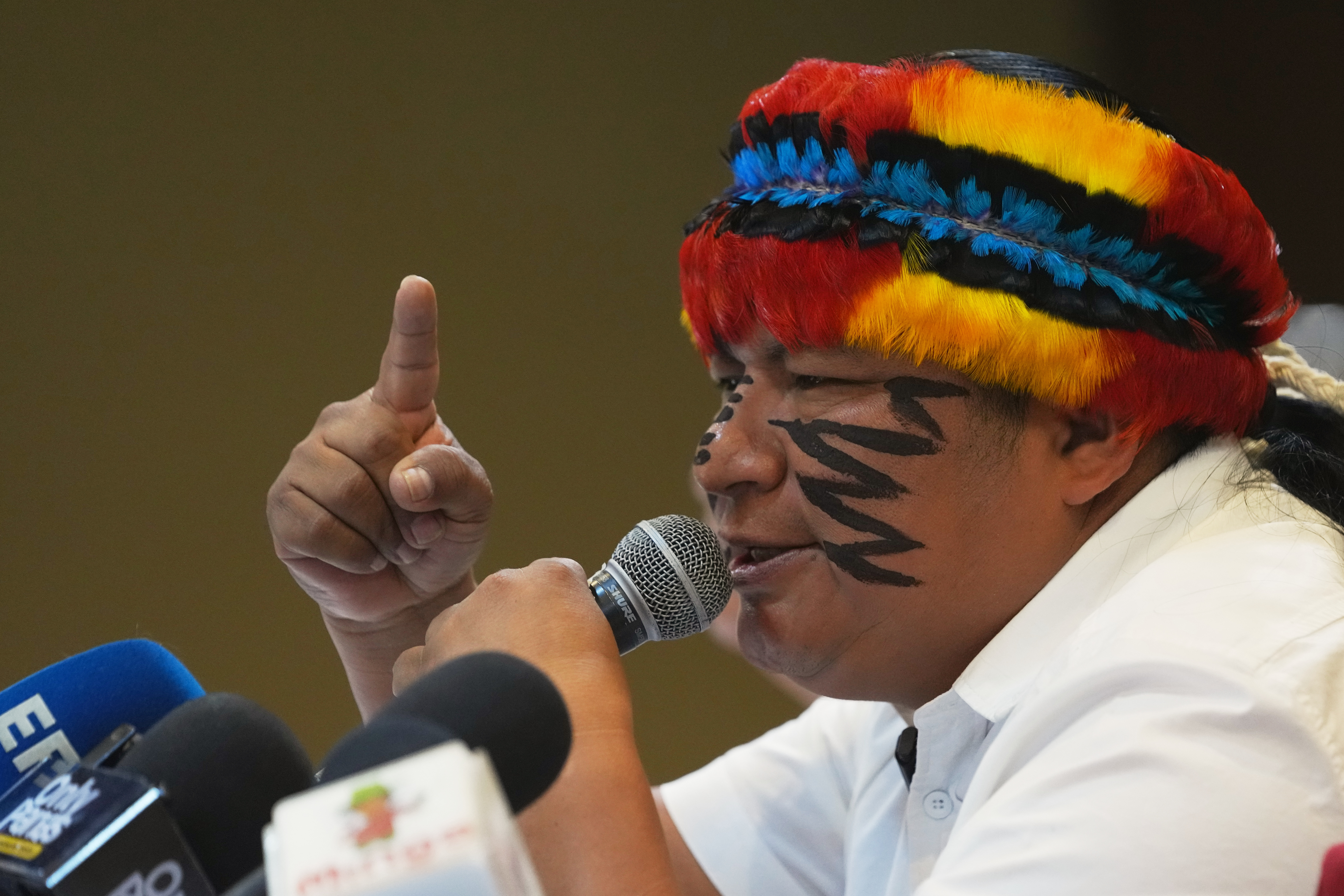 Indigenous leader Marlon Vargas gives a press conference about protests against diesel price hikes following fuel subsidy cuts by President Daniel Noboa's government, in Quito, Ecuador, Monday, Sept. 29, 2025. (AP Photo/Dolores Ochoa)