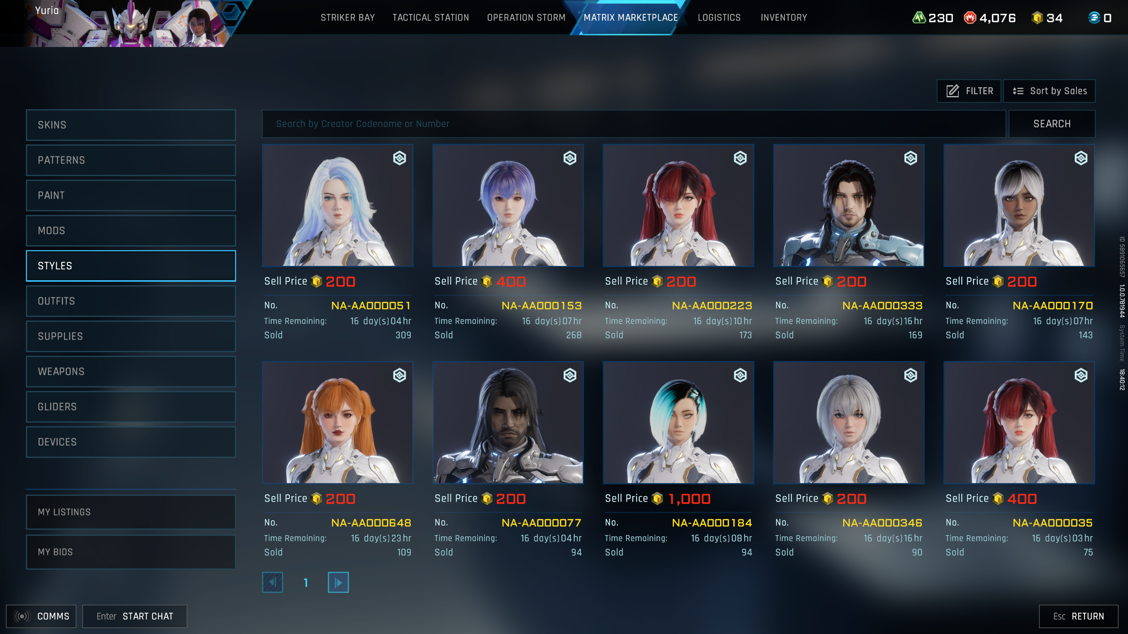 A Mecha Break marketplace screenshot with several custom-made pilots who resemble popular characters from Evangelion