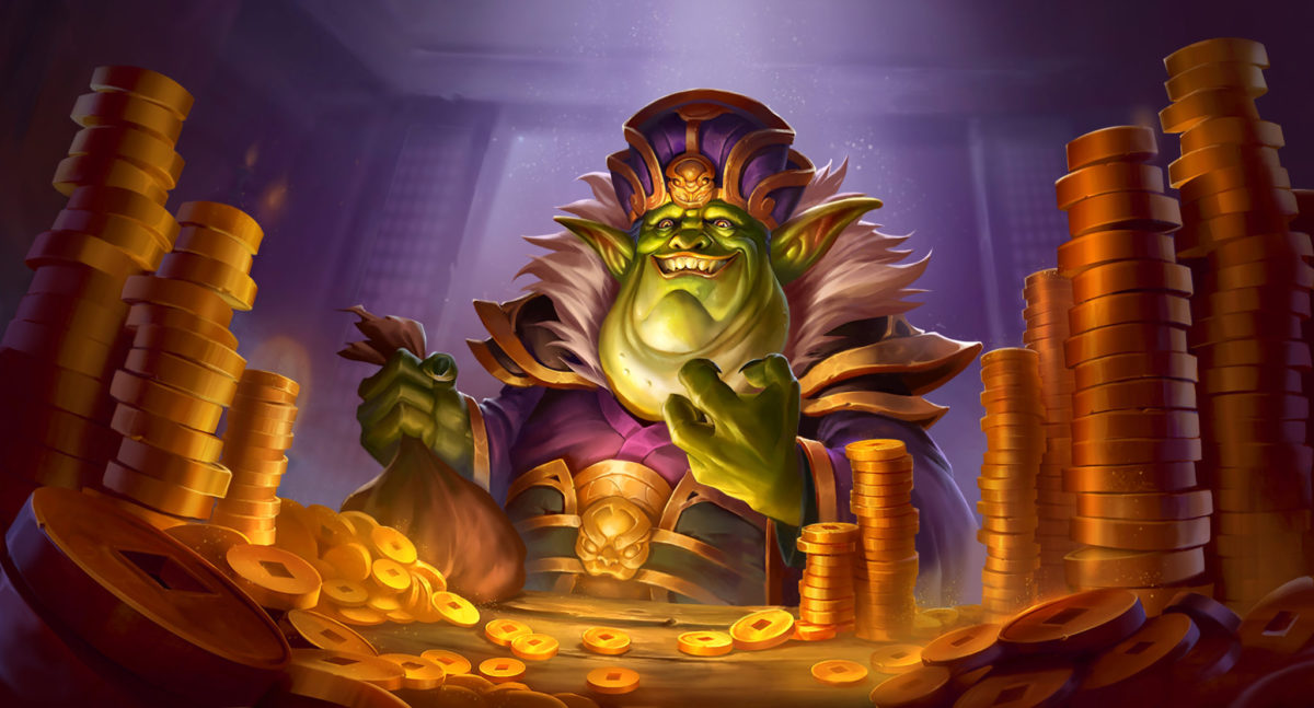 A goblin with a crown smiling with a huge pile of money in Hearthstone.
