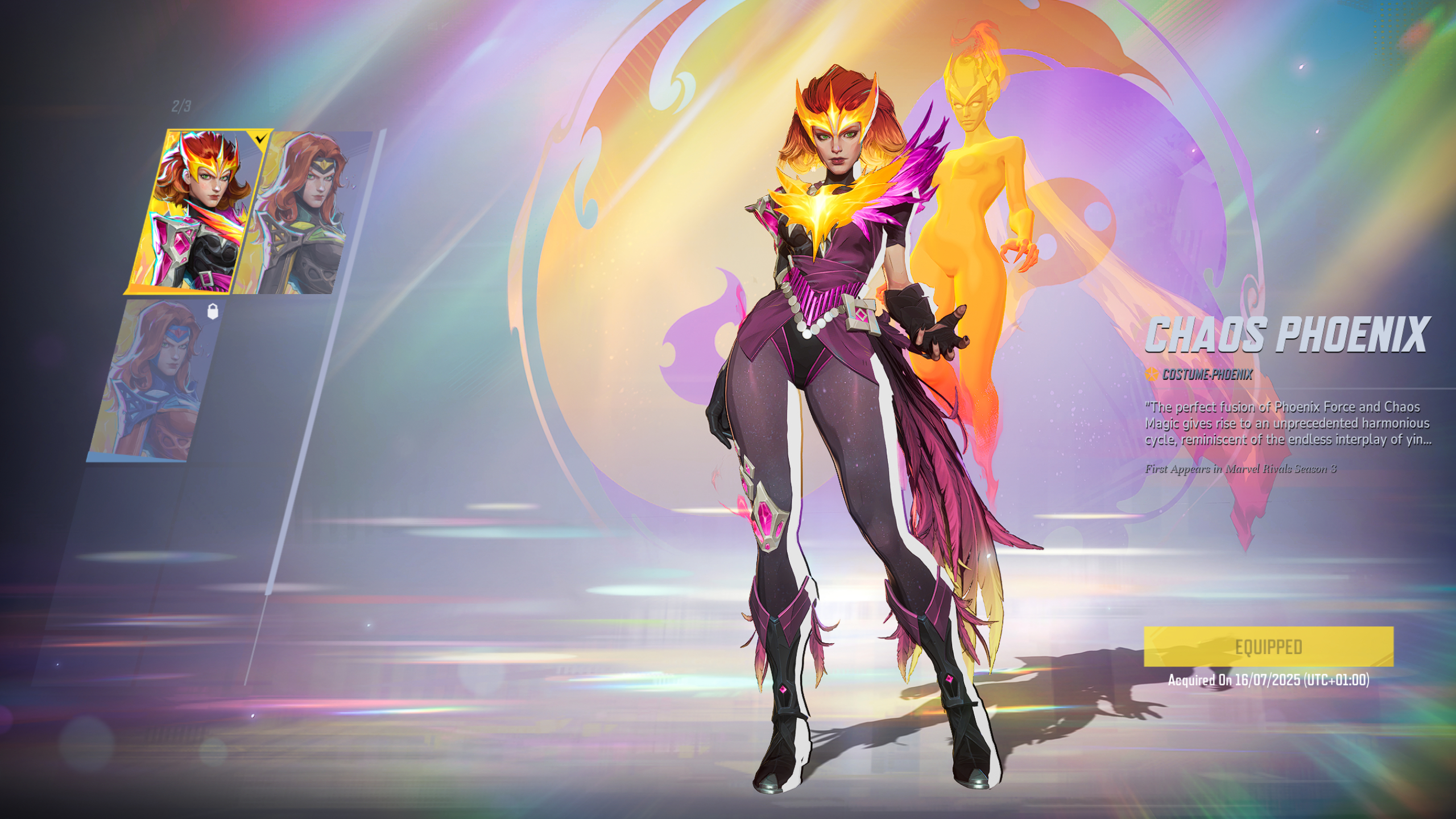 Marvel Rivals Phoenix skins: The Chaos Phoenix costume in the inventory screen.
