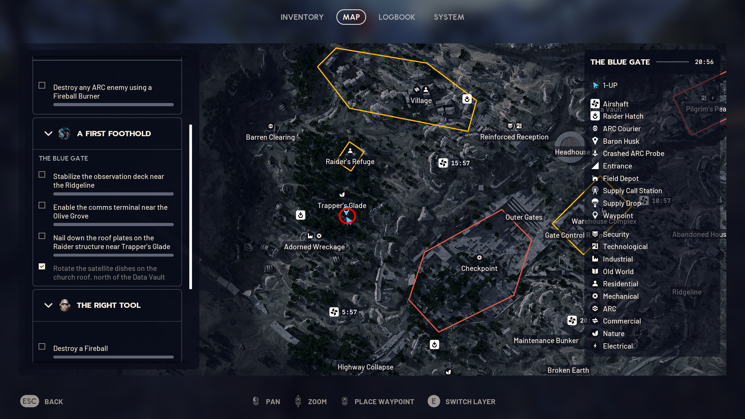Arc Raiders A First Foothold: A map with a red circle showing the location of the quest step in the Trapper's Glade region of Blue Gate.