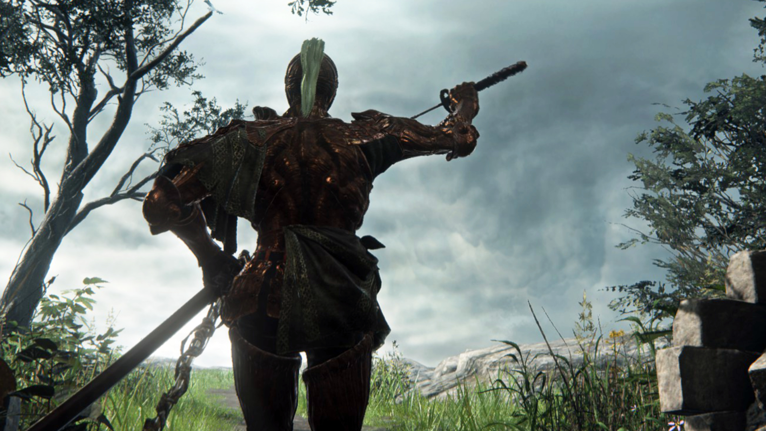 Elden Ring Nightreign Remembrance quests: Executor sheathing his katana as he walks towards the ledge to catch a Spectral Hawk.