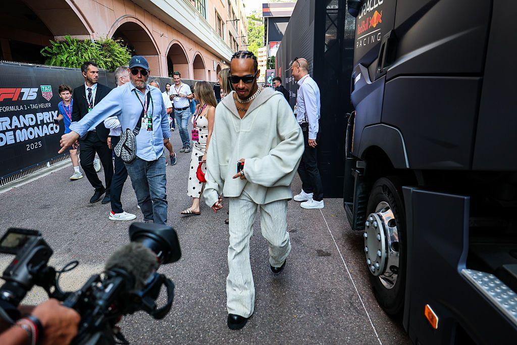 Lewis Hamilton pictured in the paddock at the Monaco Grand Prix in 2025 wearing a matching outfit.