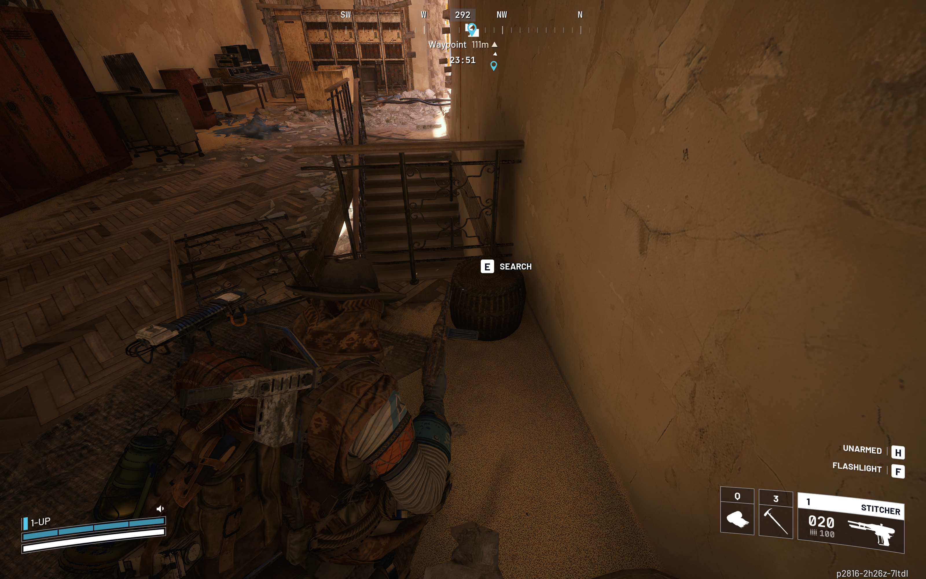 Arc Raiders lemons apricots locations: A player crouched inside a building, looking at a basket next to a staircase.