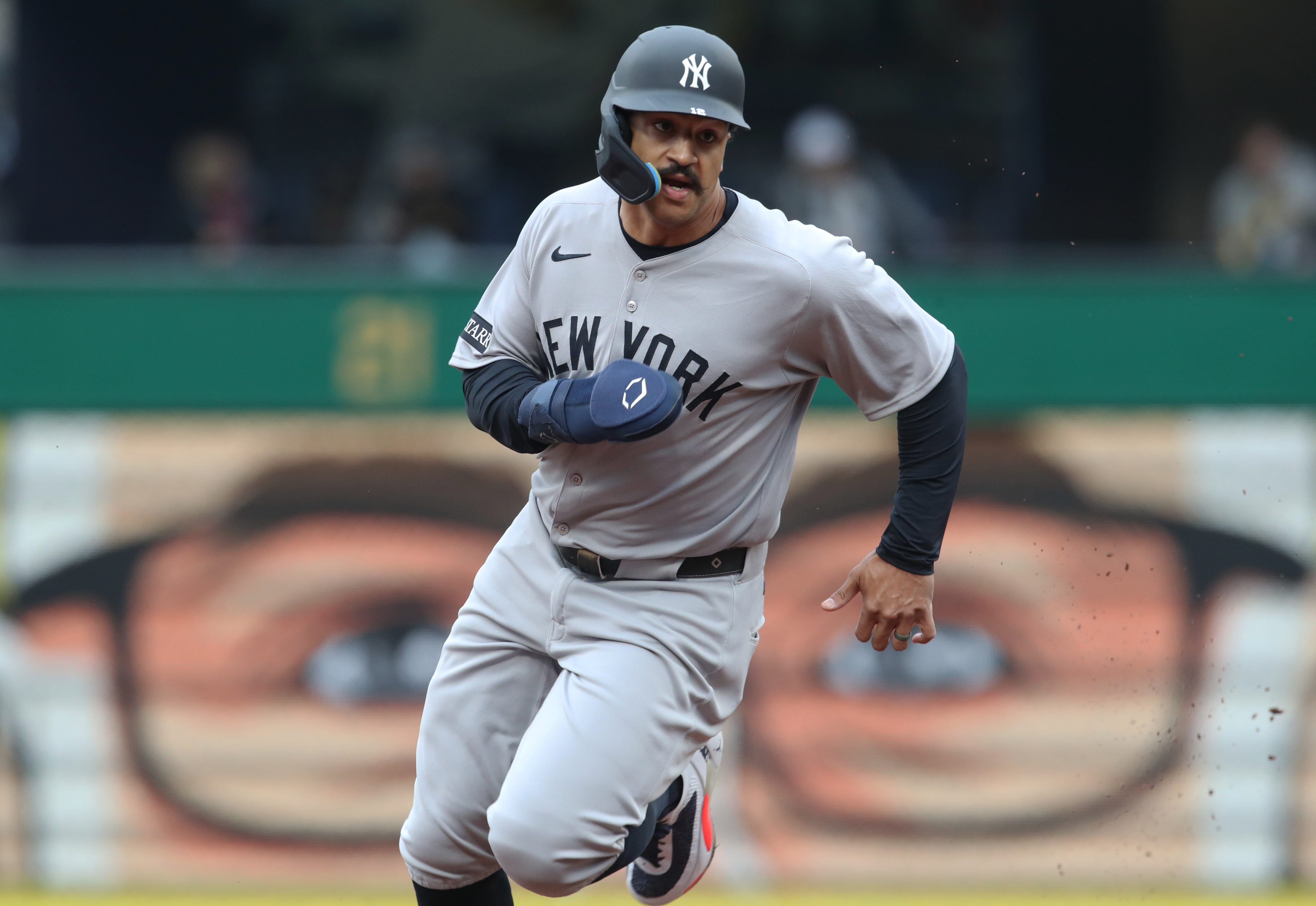 New York Yankees center fielder Trent Grisham (12) runs the bases against the Pittsburgh Pirates during the second inning at PNC Park.