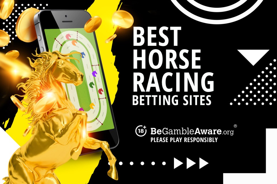 Illustration of a golden horse rearing up next to a smartphone displaying a horse race track, with the text