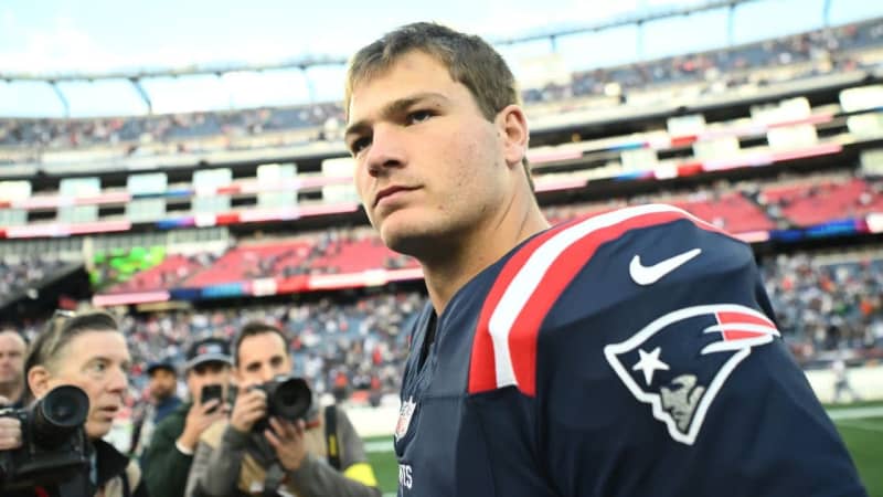 Oct 26, 2025; Foxborough, Massachusetts, USA; New England Patriots quarterback Drake Maye (10) reacts to the win after the game against the Cleveland Browns at Gillette Stadium. Mandatory Credit: Brian Fluharty-Imagn Images
