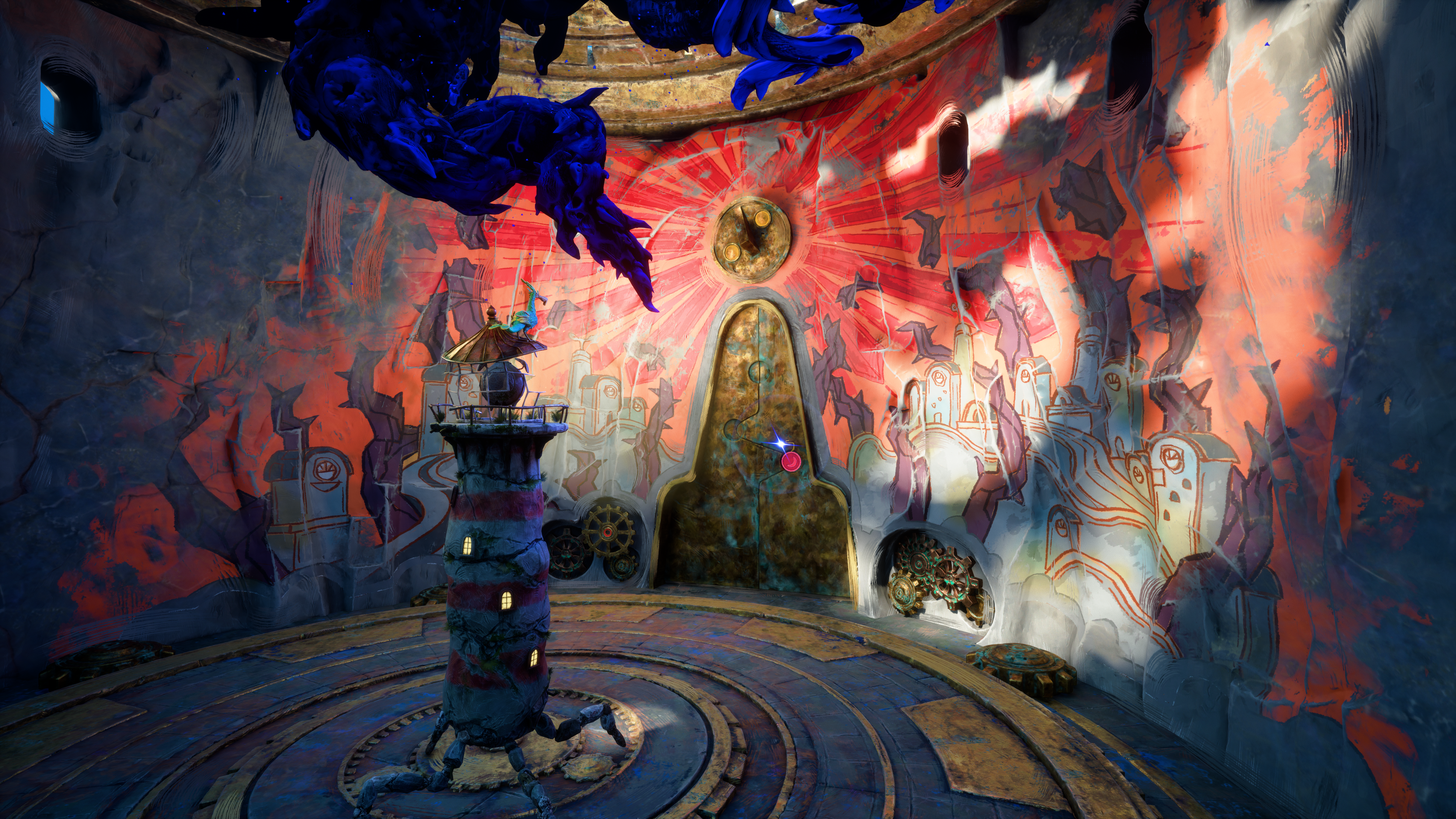 A screenshot of Double Fine's Keeper. A lighthouse sits int he middle of a circular room facing a mural on the wall that depicts a bright red explosion of energy over a town.